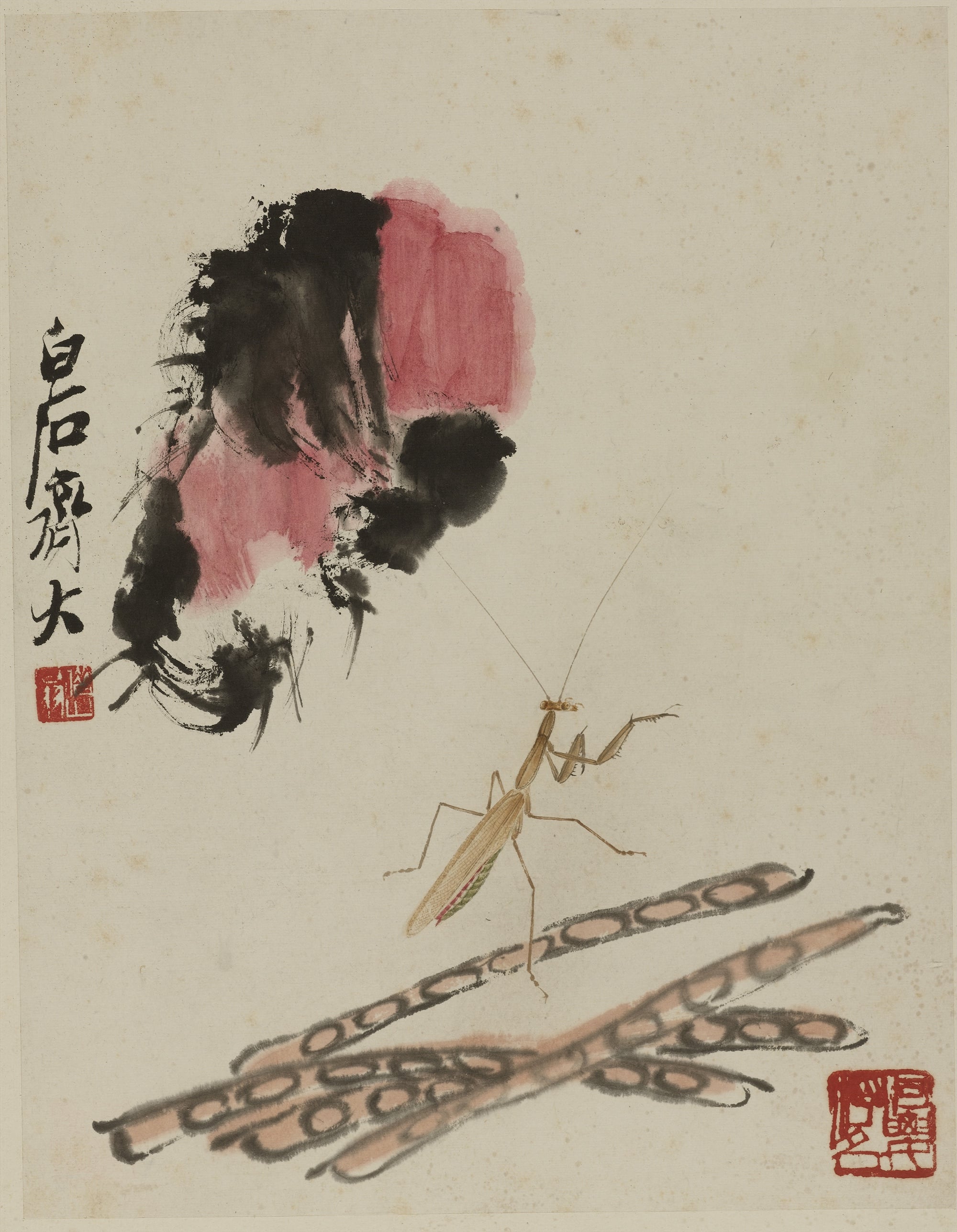 虫鱼画 - 螳螂与豆荚图 - 螳螂豆荚相映成趣 