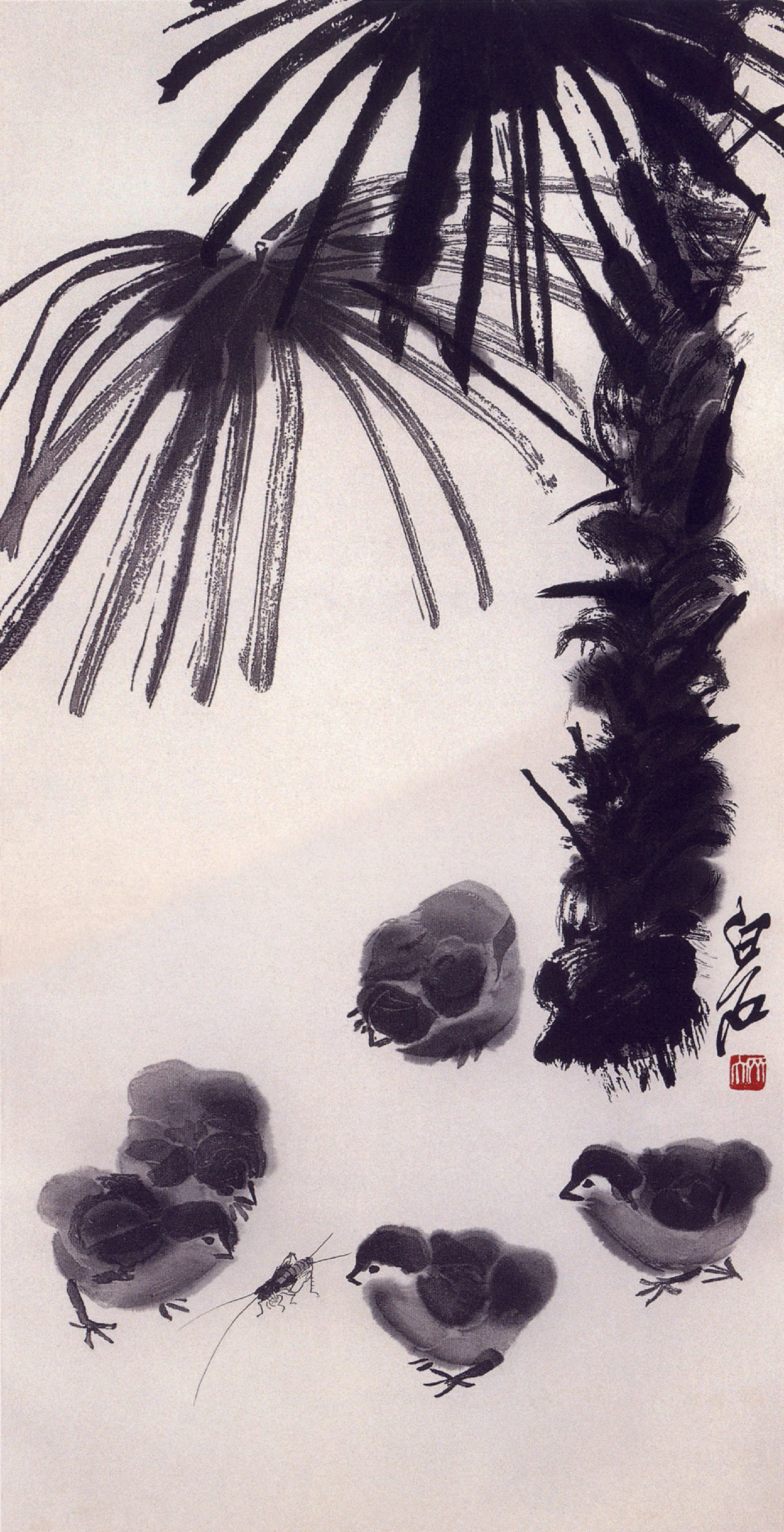 花鸟画 - 雏鸡图 - 墨绘雏鸡与草虫之景 