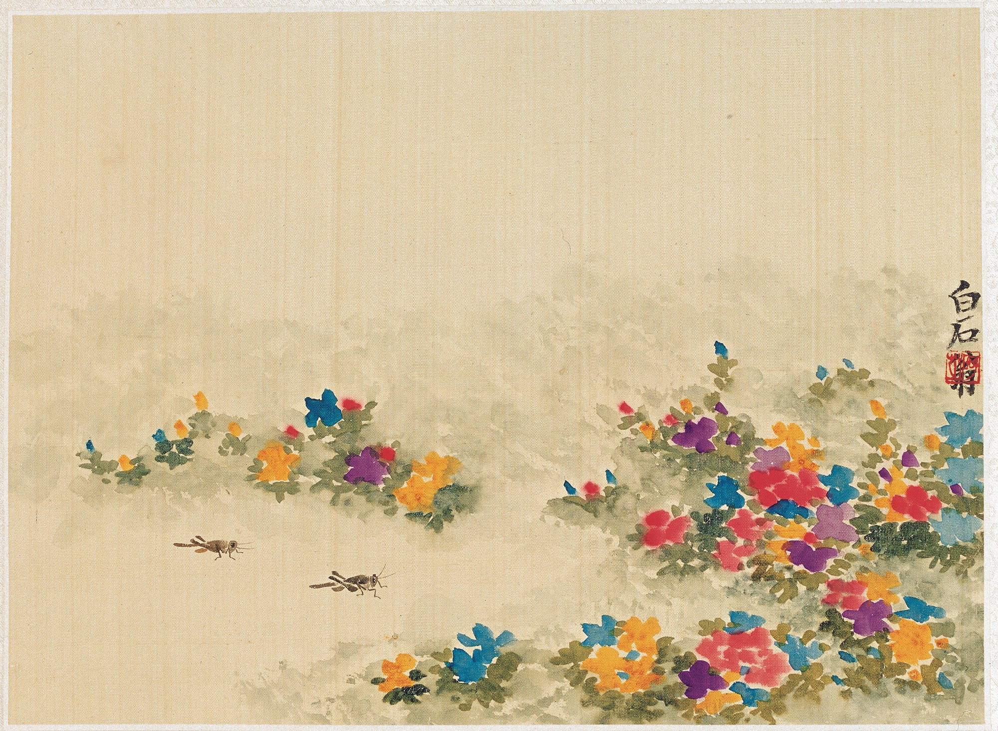 花鸟画 - 白石花卉草虫图 - 多彩花卉伴草虫景致 