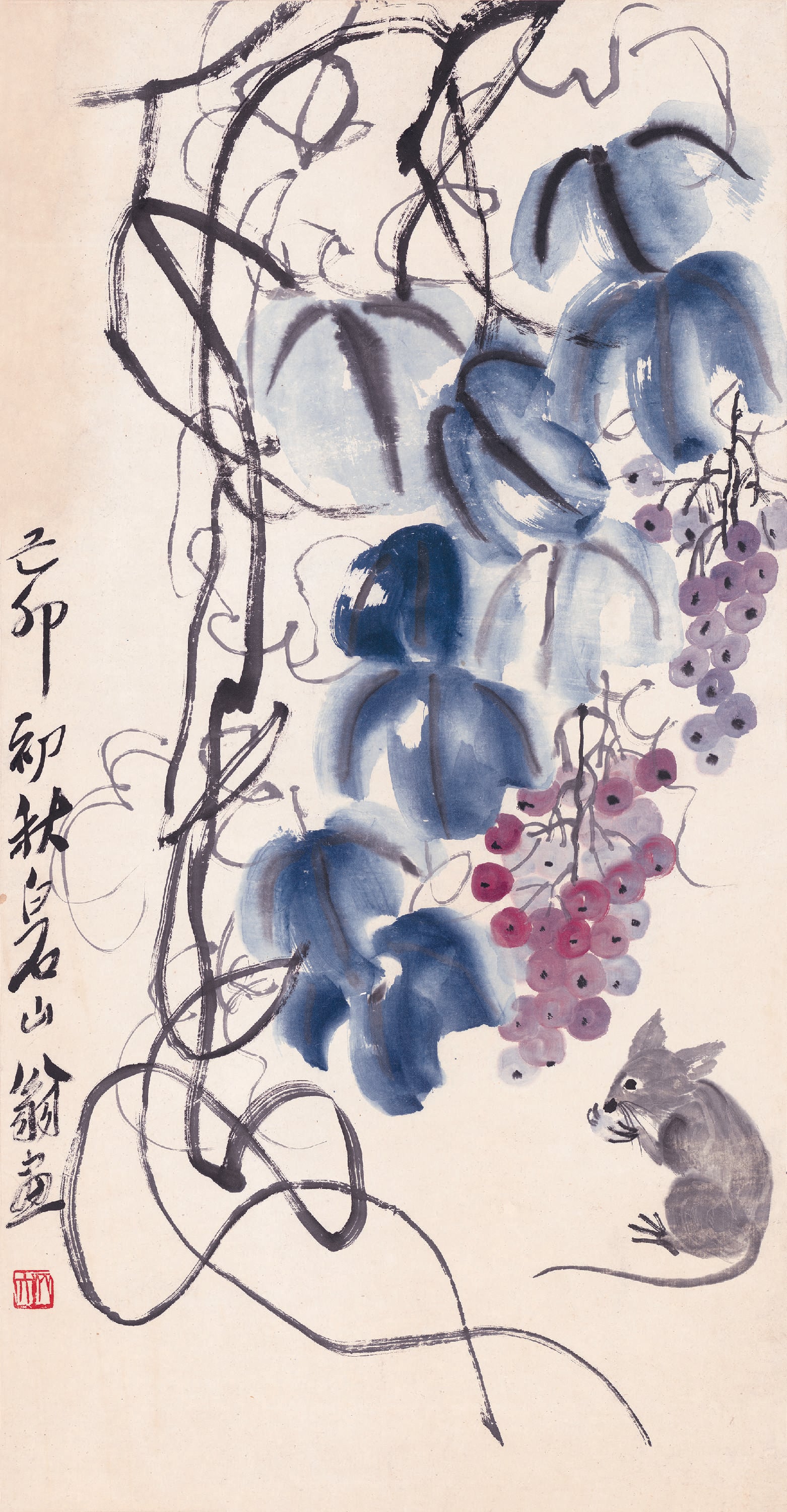 花鸟画 - 葡萄松鼠图 - 葡萄松鼠绘就灵动画面 