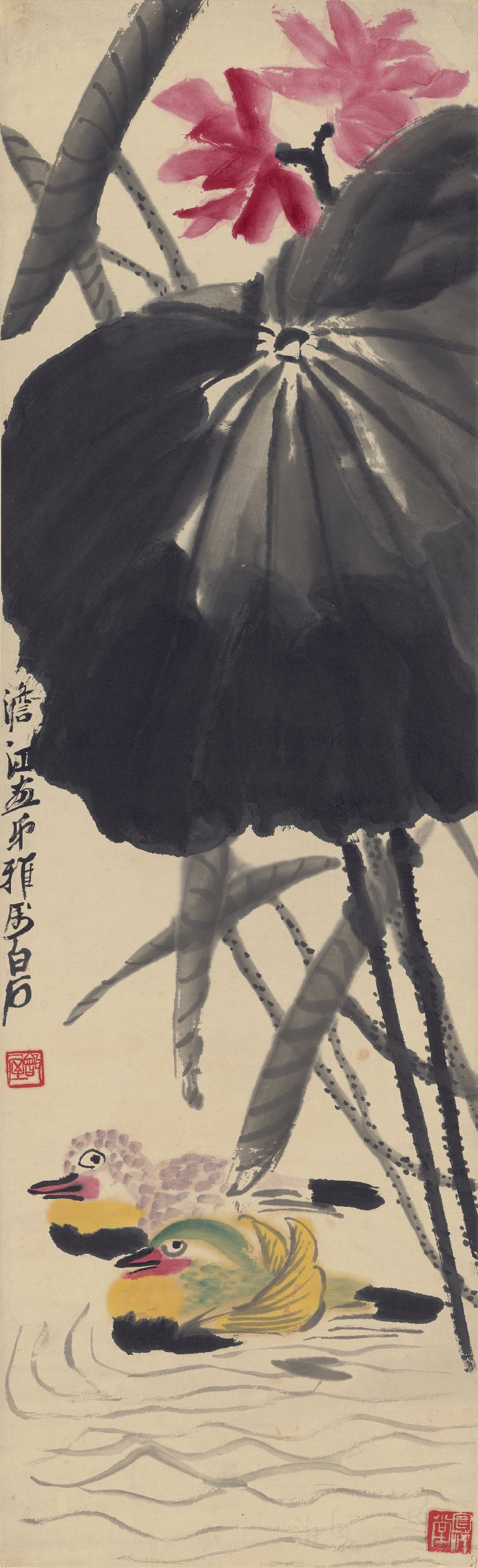 花鸟画 - 荷花鸳鸯图 - 荷花绽放鸳鸯水中游 