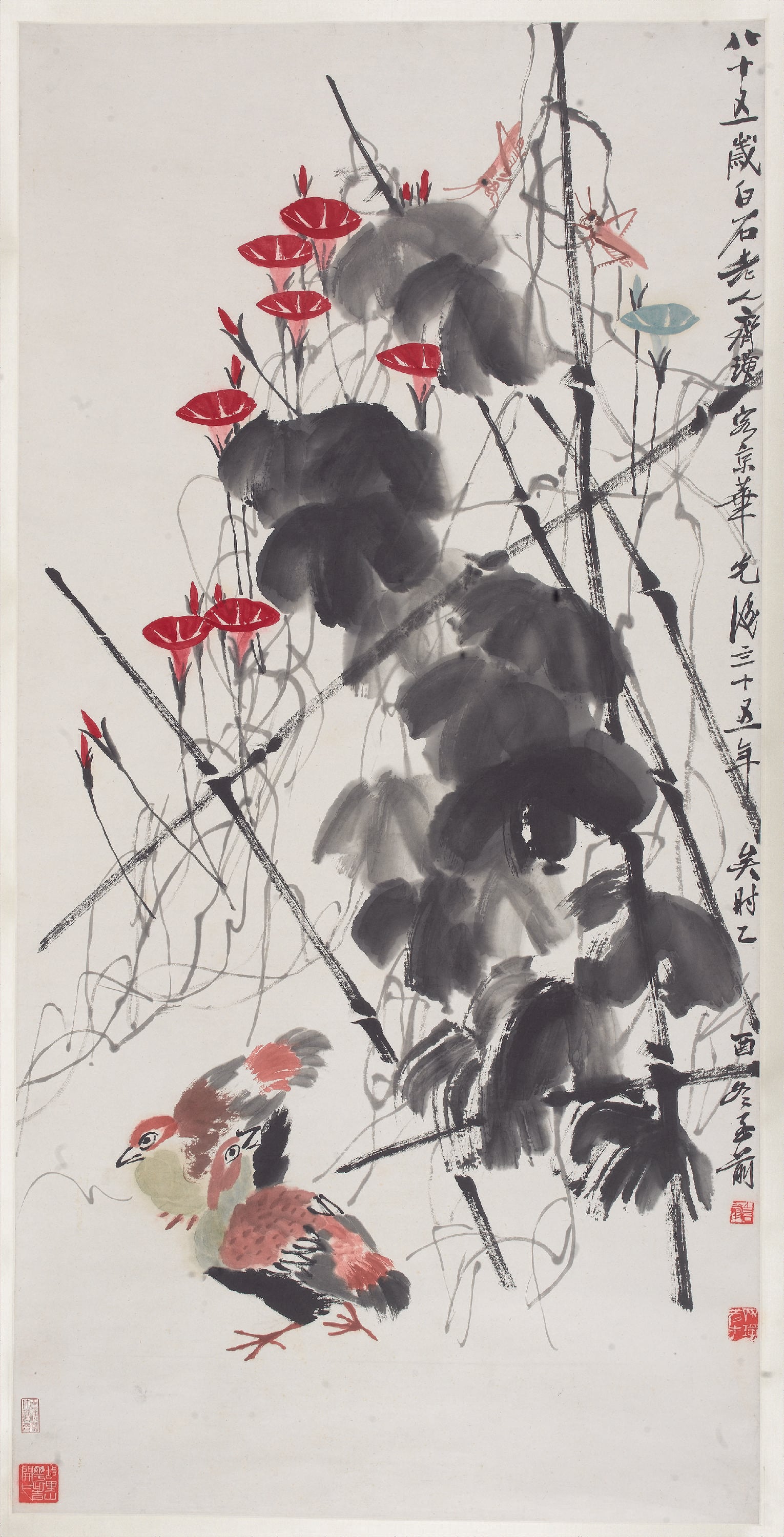 花鸟画 - 牵牛花与双鸟图 - 绘牵牛双鸟尽显生机 