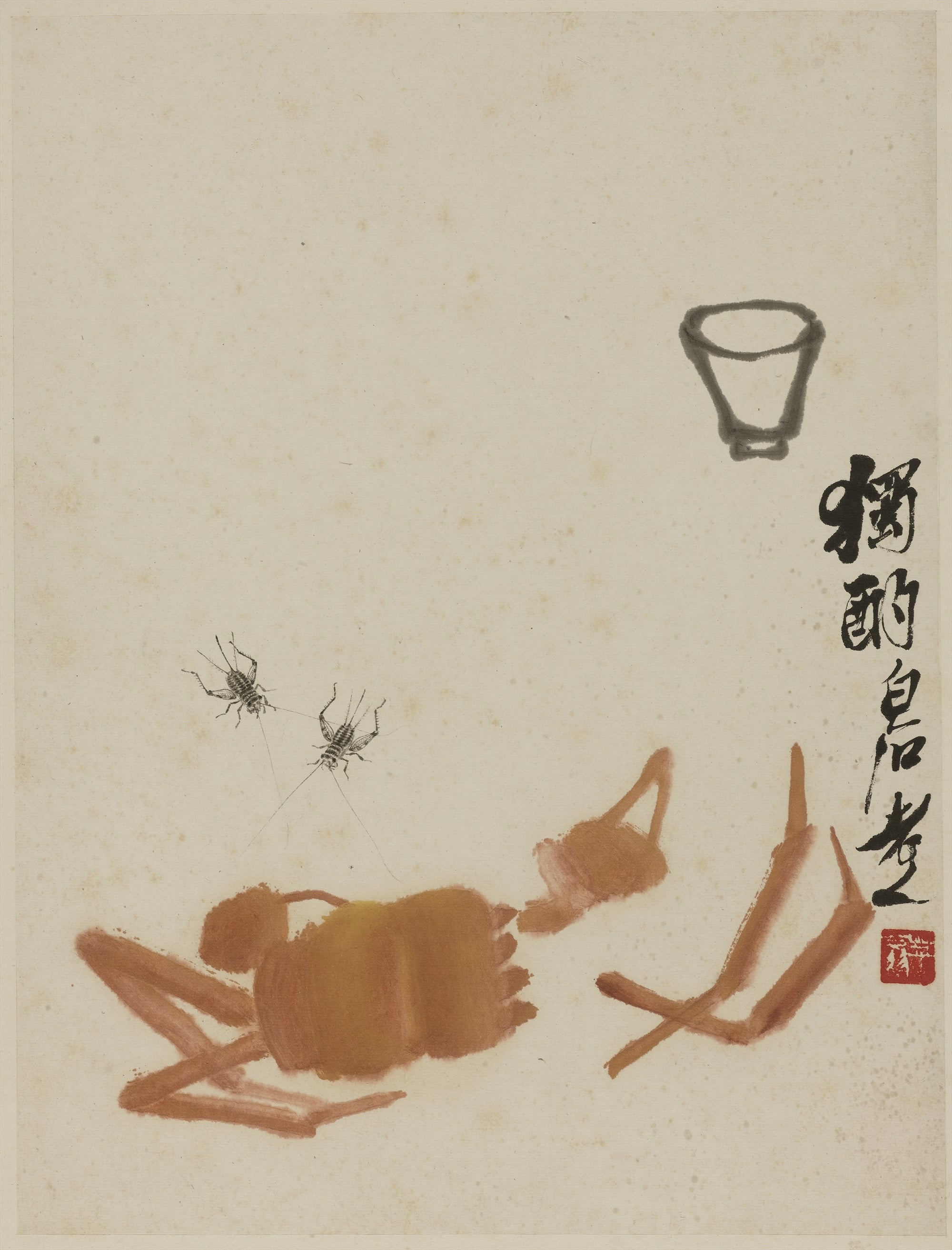 虫鱼画 - 独酌 - 画中螃蟹蟋蟀伴酒杯 