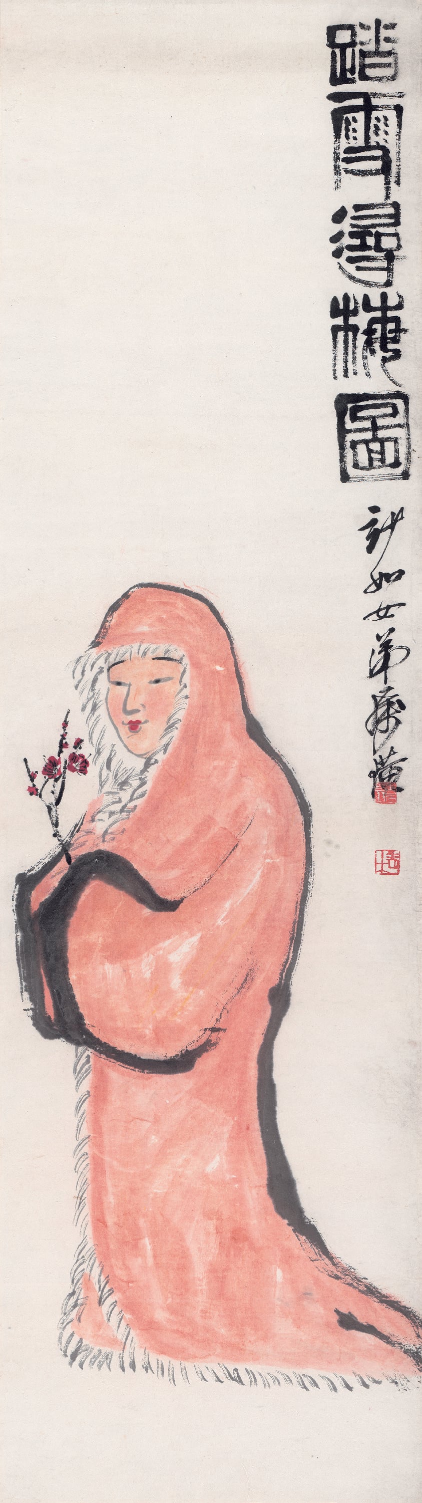 人物画 - 踏雪寻梅图 - 着红衣女子踏雪寻梅 