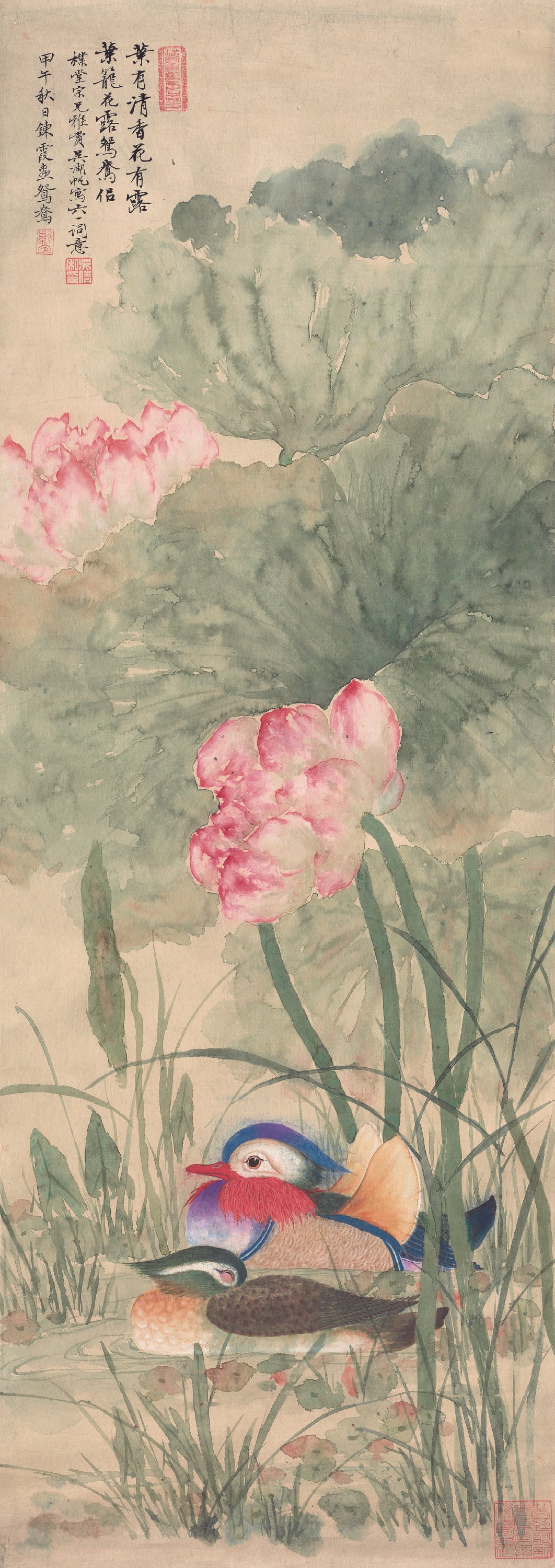 花鸟画 - 未知名花卉鸳鸯图 - 绘花卉鸳鸯尽显雅致 