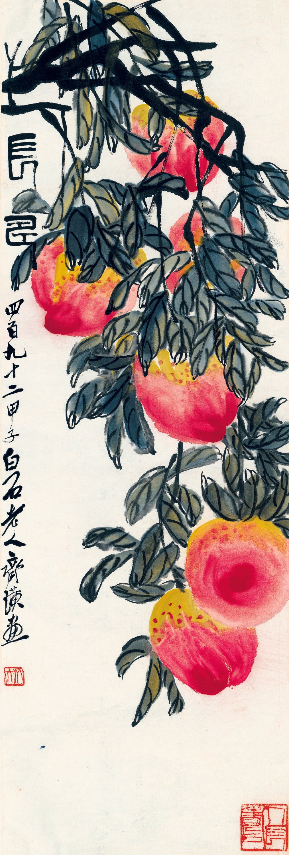 蔬果画 - 寿桃 - 水墨绘寿桃枝叶相伴 