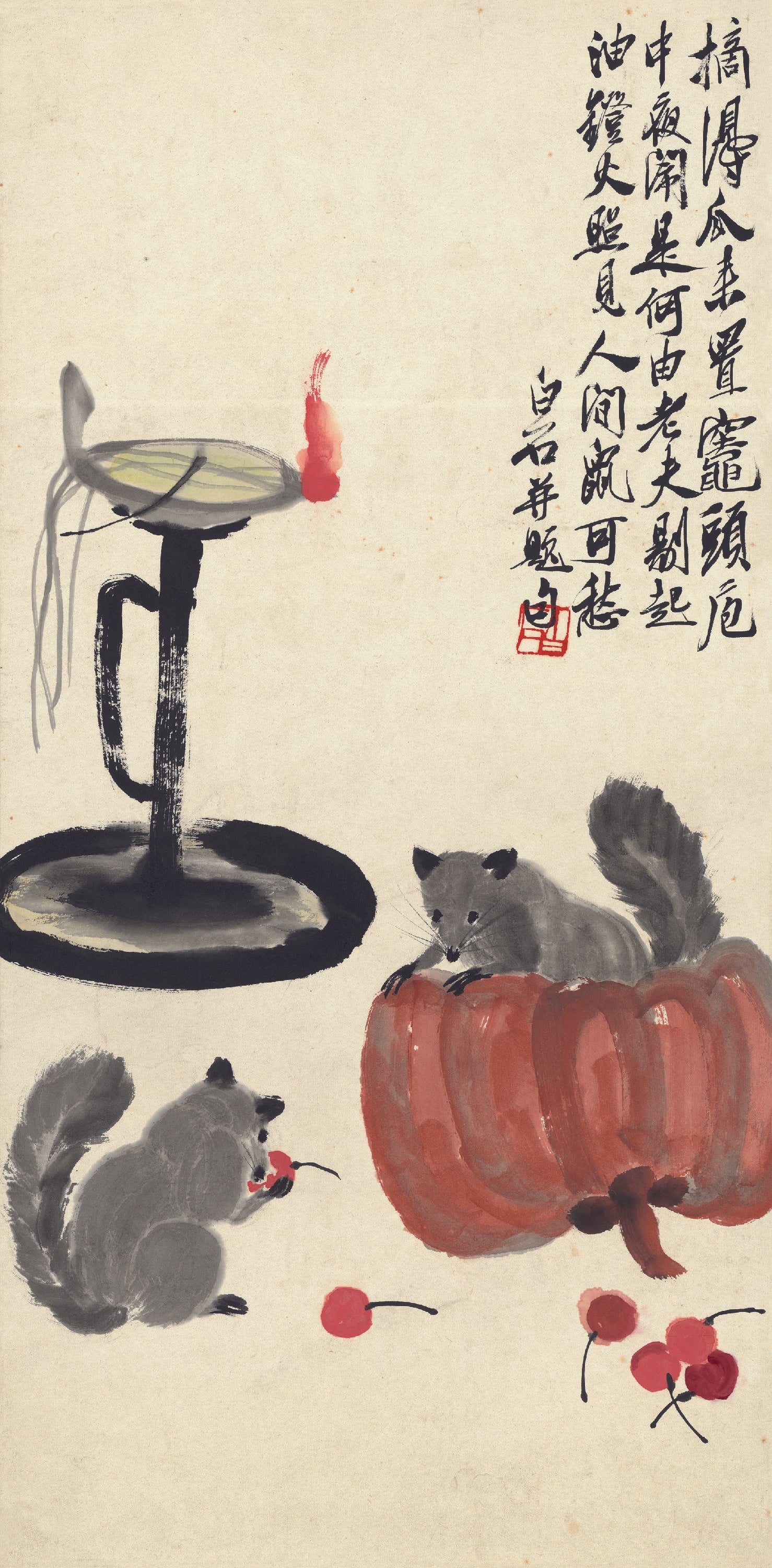 花鸟画 - 松鼠南瓜油灯图 - 松鼠伴南瓜油灯相映 