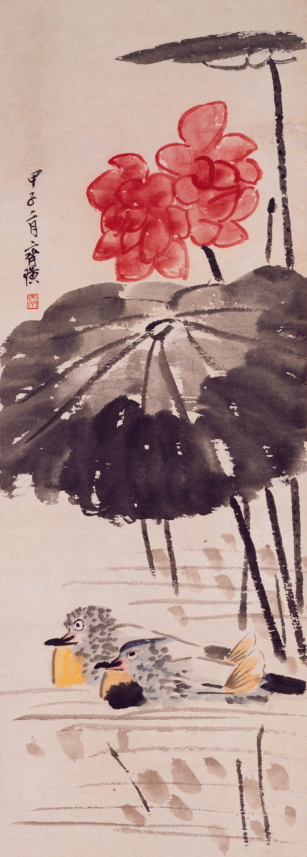 花鸟画 - 荷下双鸭图 - 荷花绽放双鸭水中游 