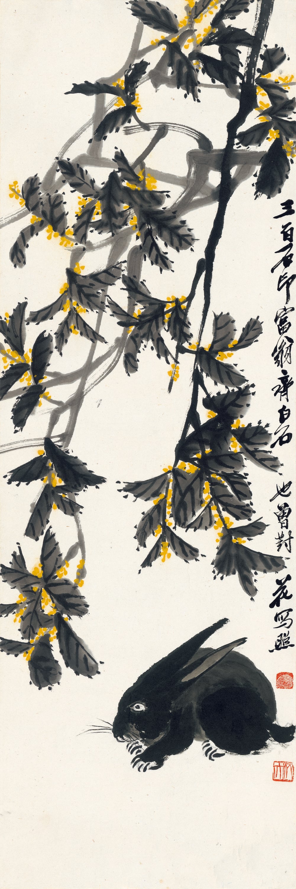 花鸟画 - 未命名画作 - 墨叶黄花下黑兔静伏 