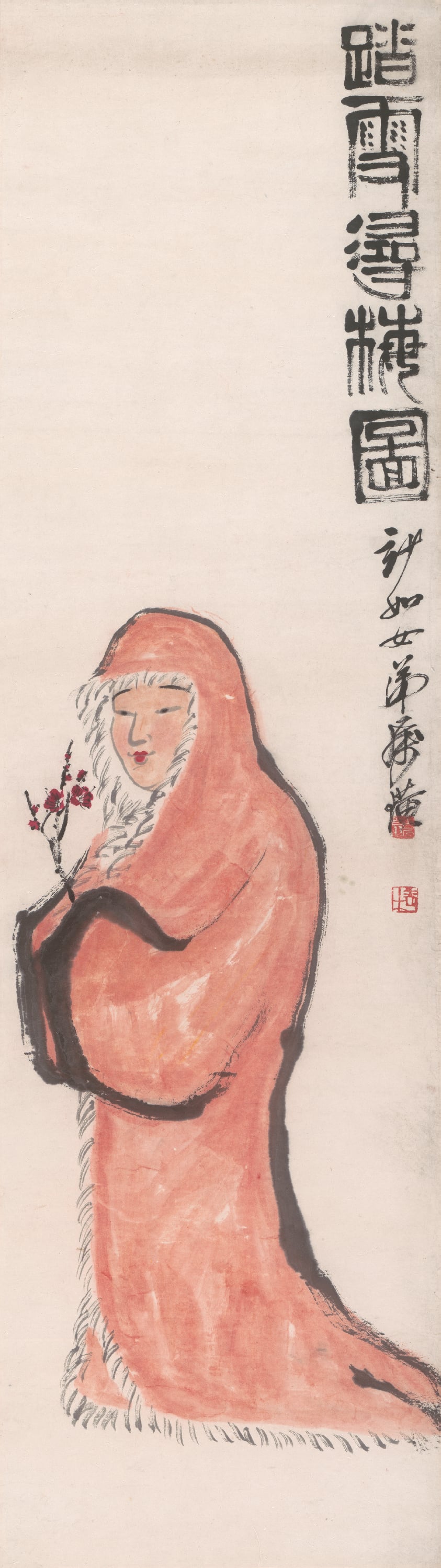 人物画 - 踏雪寻梅图 - 红衣女子踏雪手拈红梅 