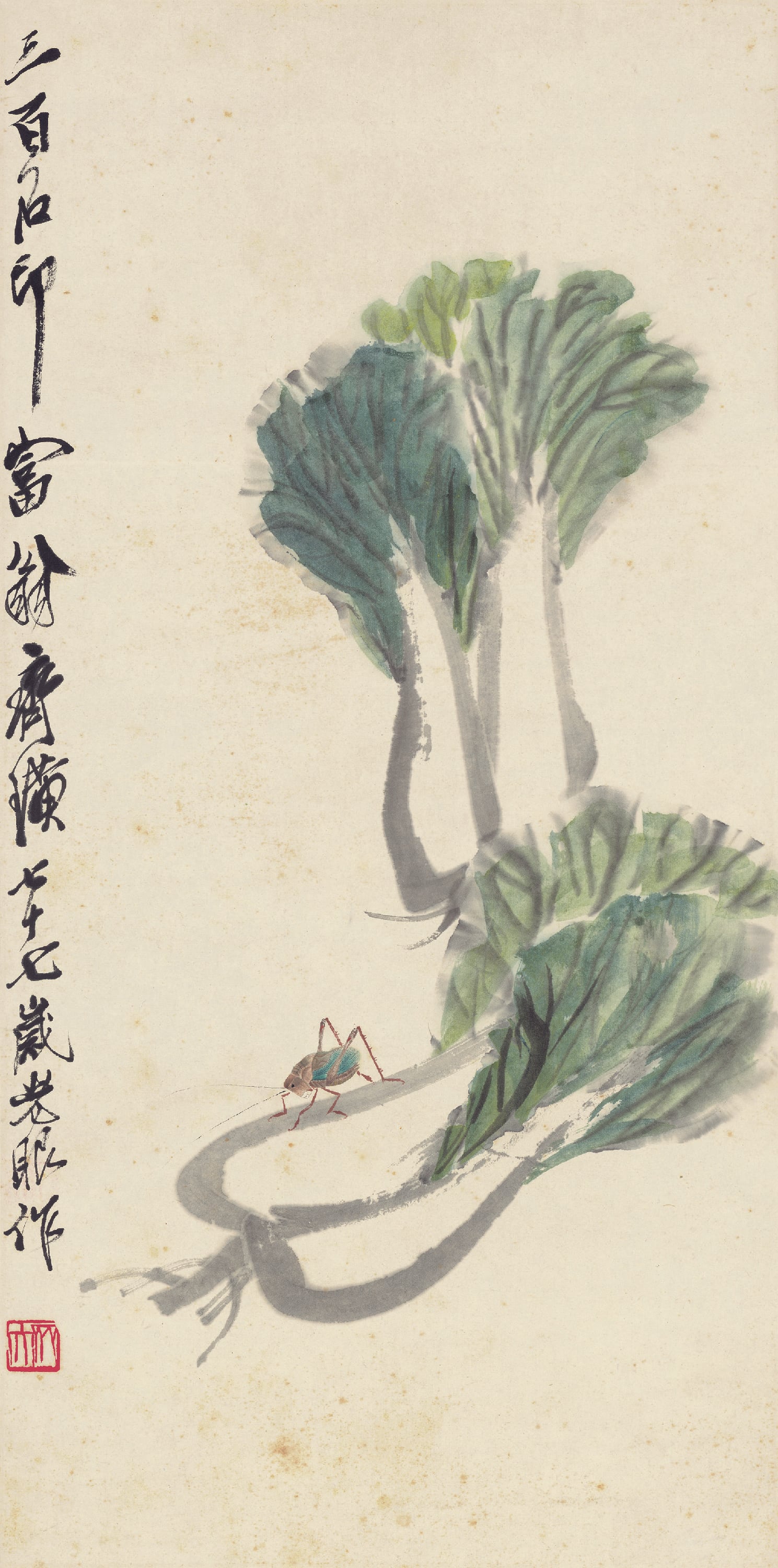 蔬果画 - 白菜草虫图 - 白菜草虫绘就田园意 