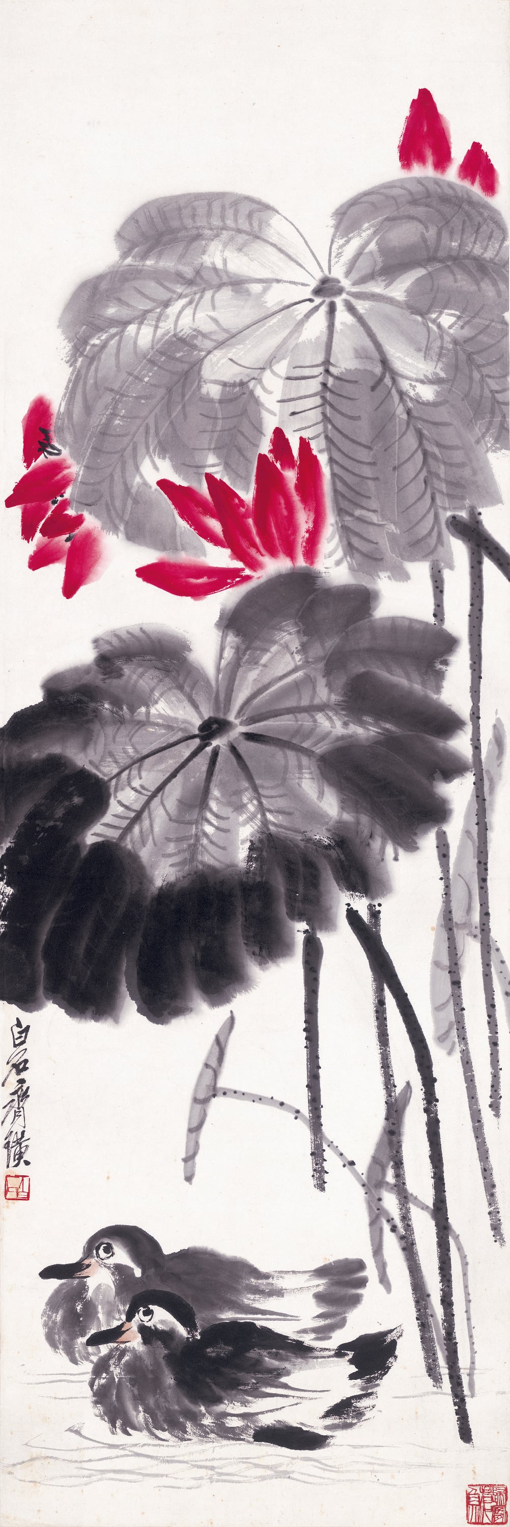 花鸟画 - 未知 - 墨荷绽放伴游弋双鸭 