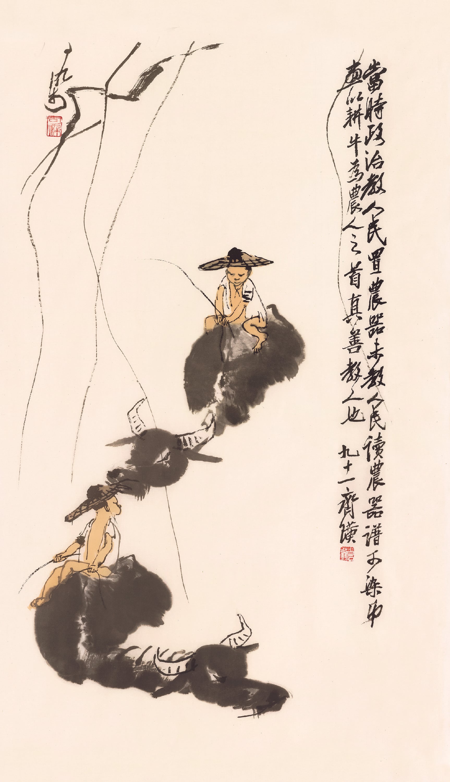 人物画 - 牧牛图 - 孩童骑牛展现田园意 