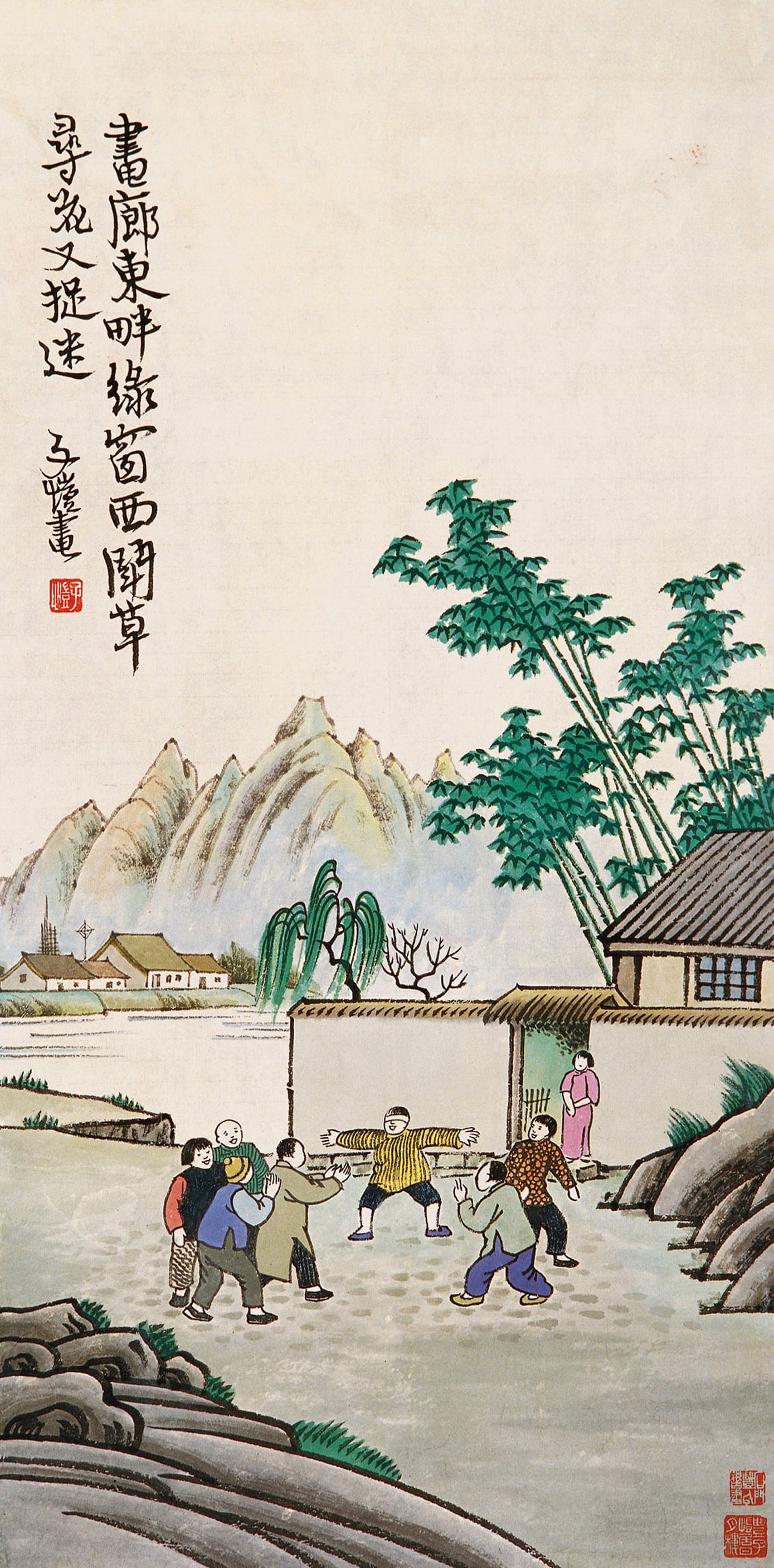 生活场景题材 - 画里东邻缘窗戏草 - 描绘邻里孩童嬉戏场景 