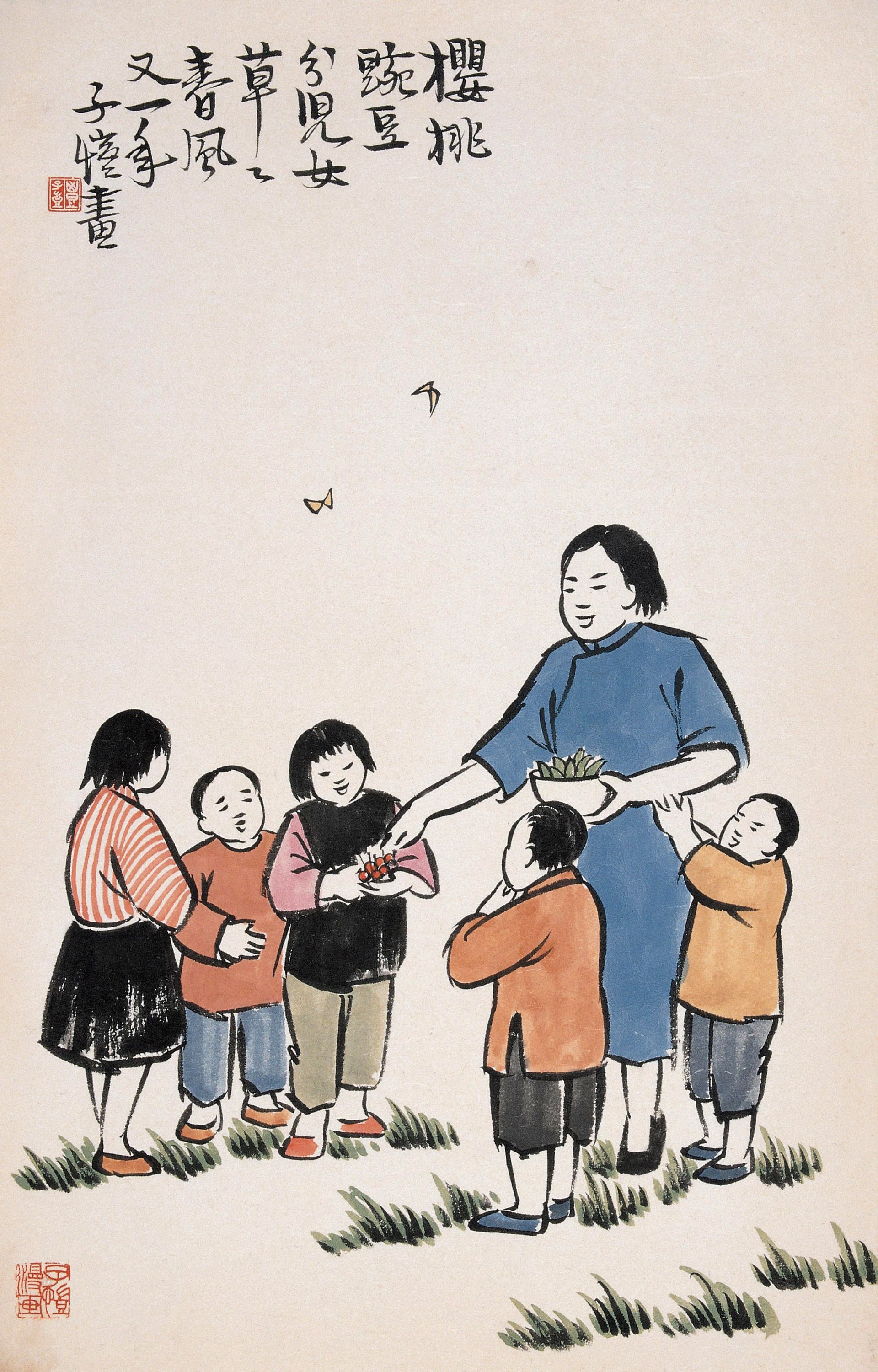 儿童题材 - 樱桃豌豆分儿女 - 春日孩童分食樱桃豌豆 