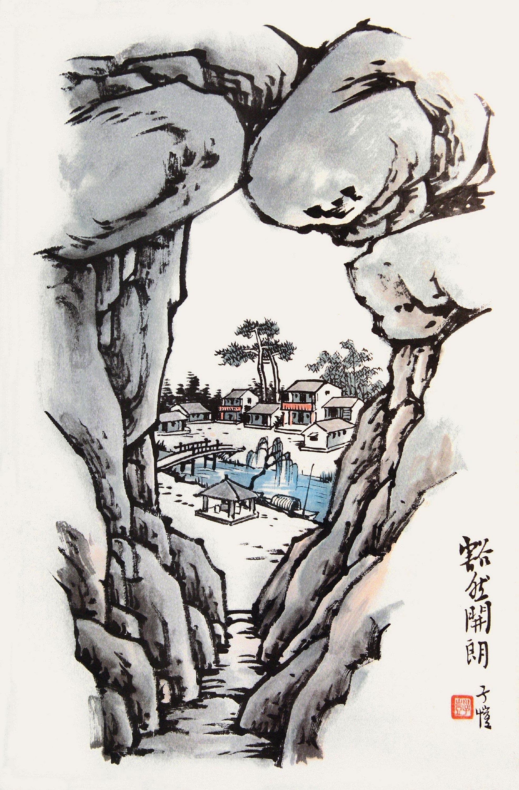 生活场景题材 - 豁然开朗 - 透过山石见村落景致 