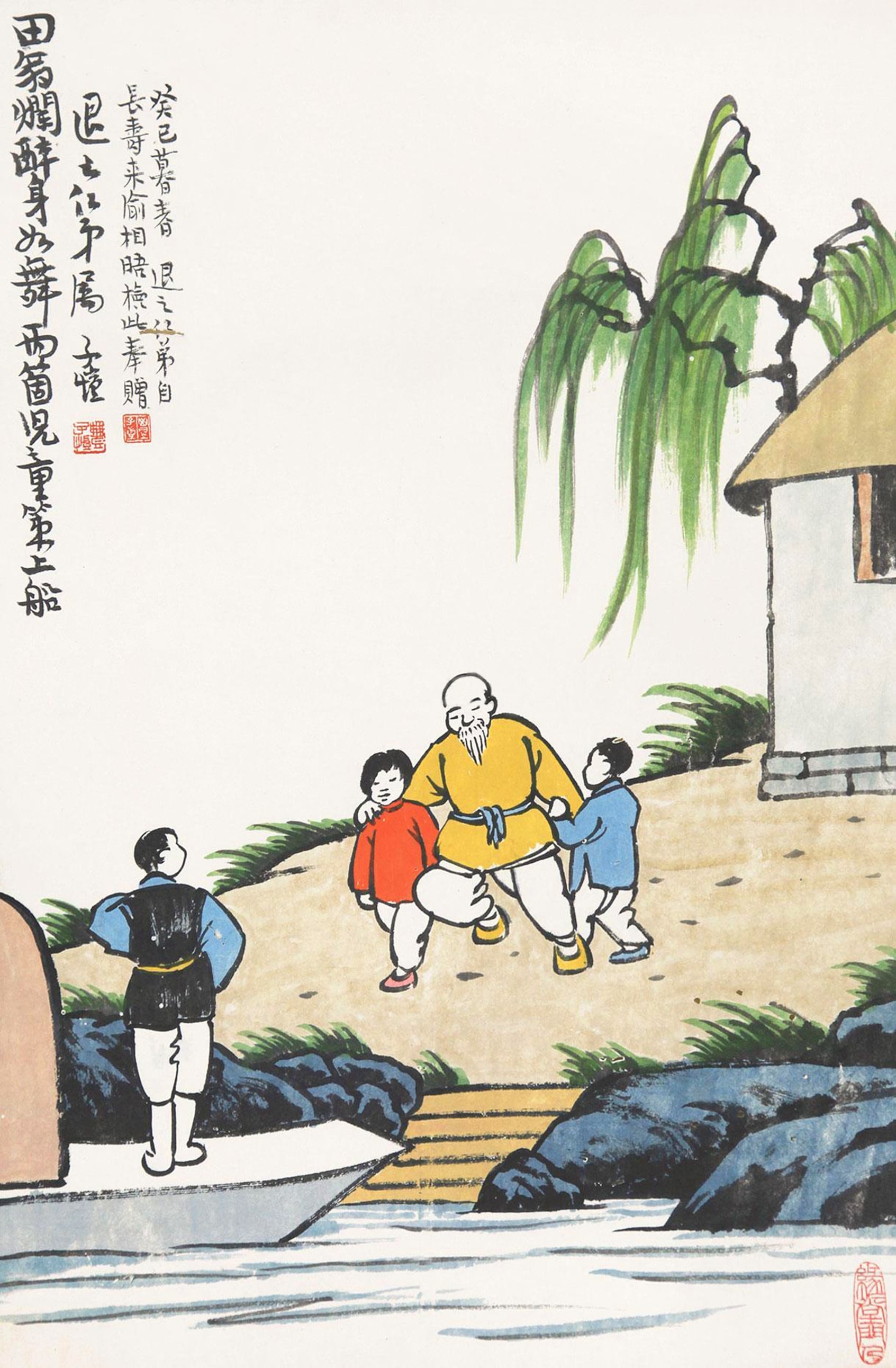 生活场景题材 - 无题 - 孩童伴老人岸边互动 