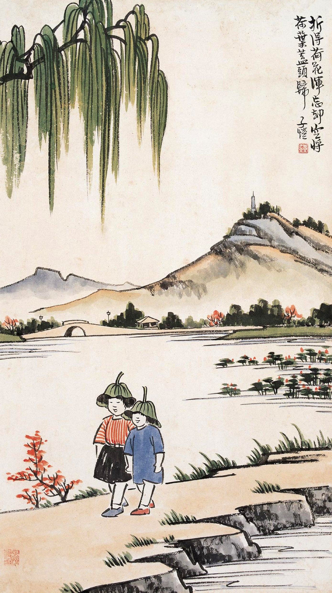 儿童题材 - 折得荷花浑忘却 - 孩童持荷漫步山水间 