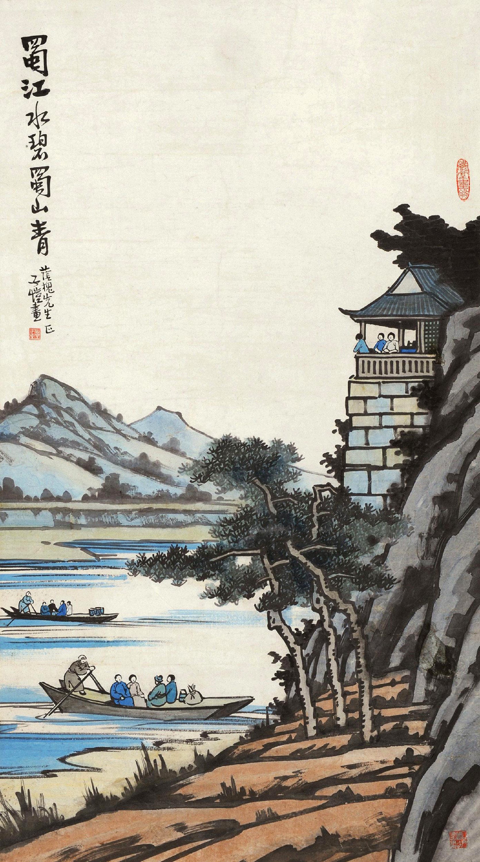 生活场景题材 - 蜀江水碧蜀山青 - 江畔乘船观景闲适画面 