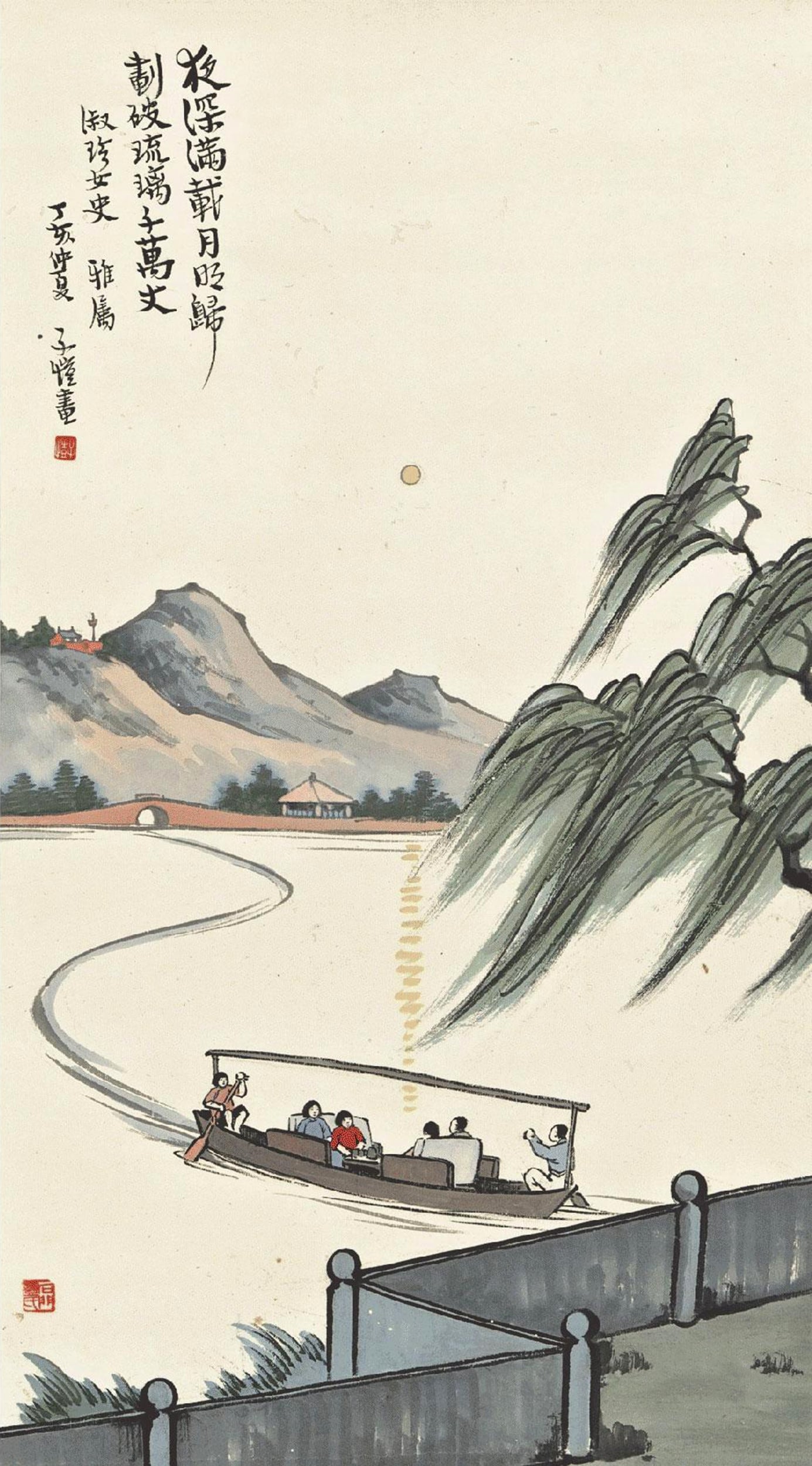 古诗新画题材 - 夜泛西湖 - 月夜乘船游西湖之景 