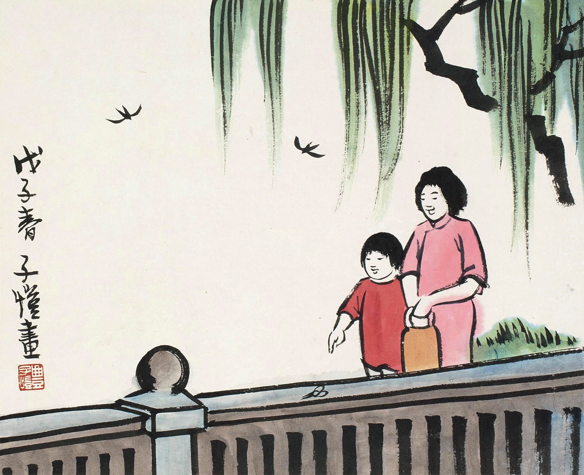 生活场景题材 - 母子春日漫步图 - 母子漫步享春日之温馨 