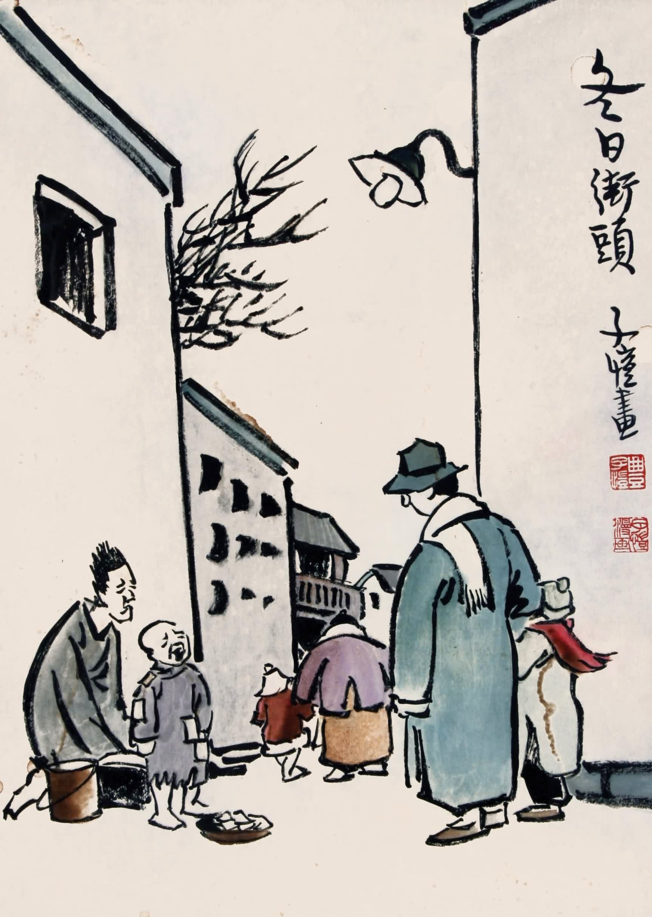 生活场景题材 - 冬日街头 - 冬日街头众人活动景象 