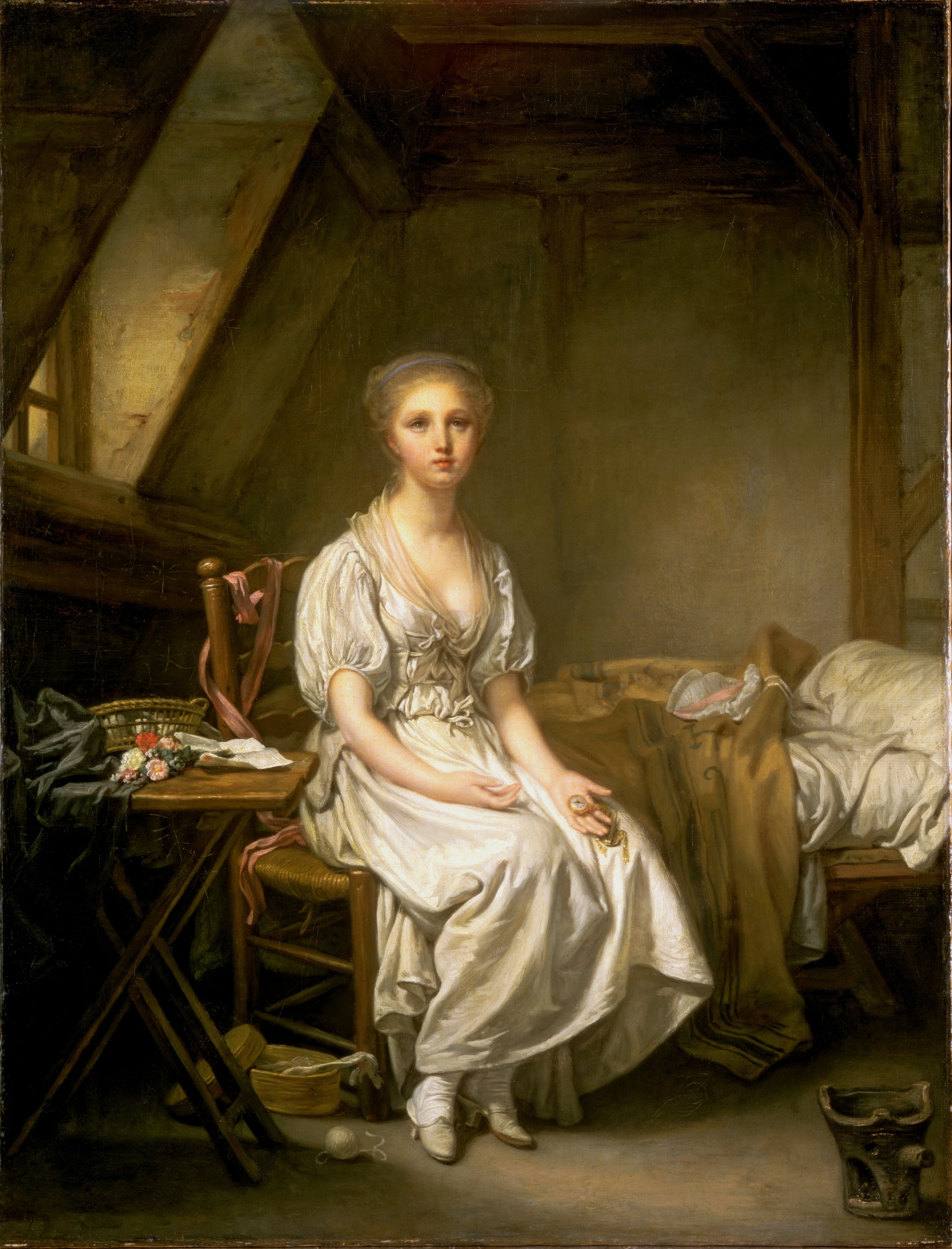 女性形象刻画主题 - 阁楼中的白衣女子 - 女子端坐于阁楼显恬静 