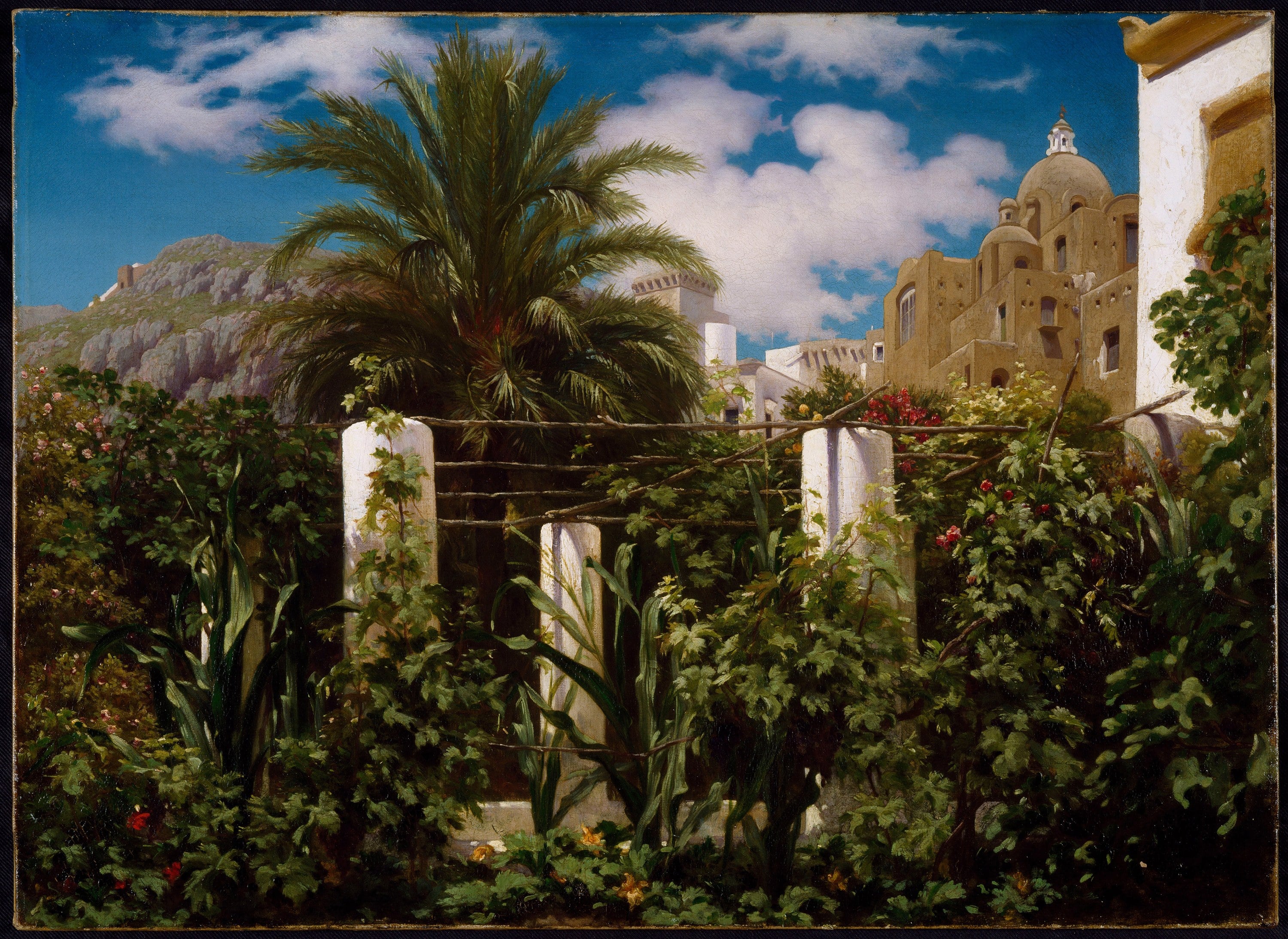 唯美诗意表达主题 - 未知名画作 - 展现繁茂绿植与建筑景致 