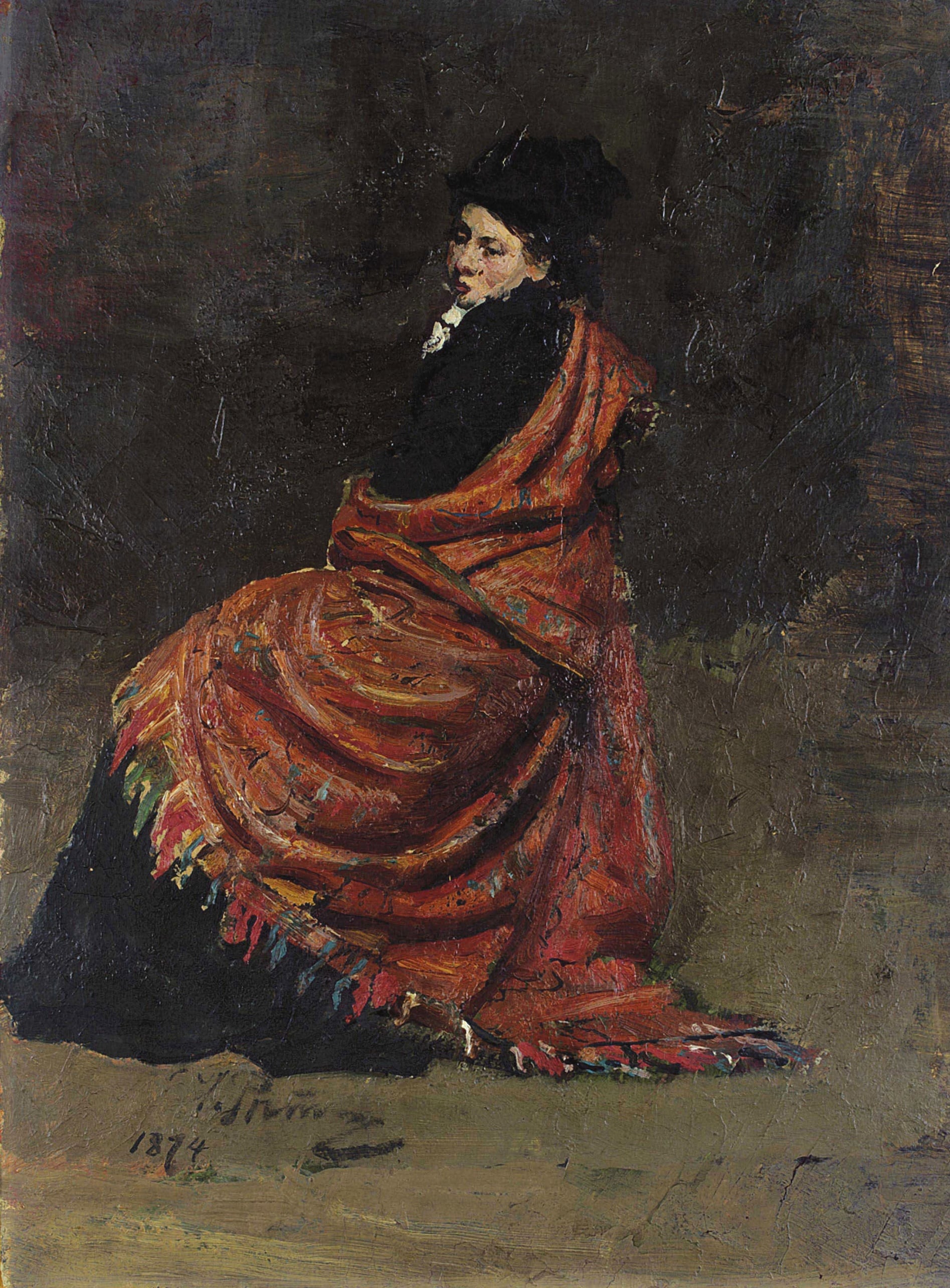 人物肖像塑造主题 - 未知名人物肖像 - 绘身披红披肩人物姿态 