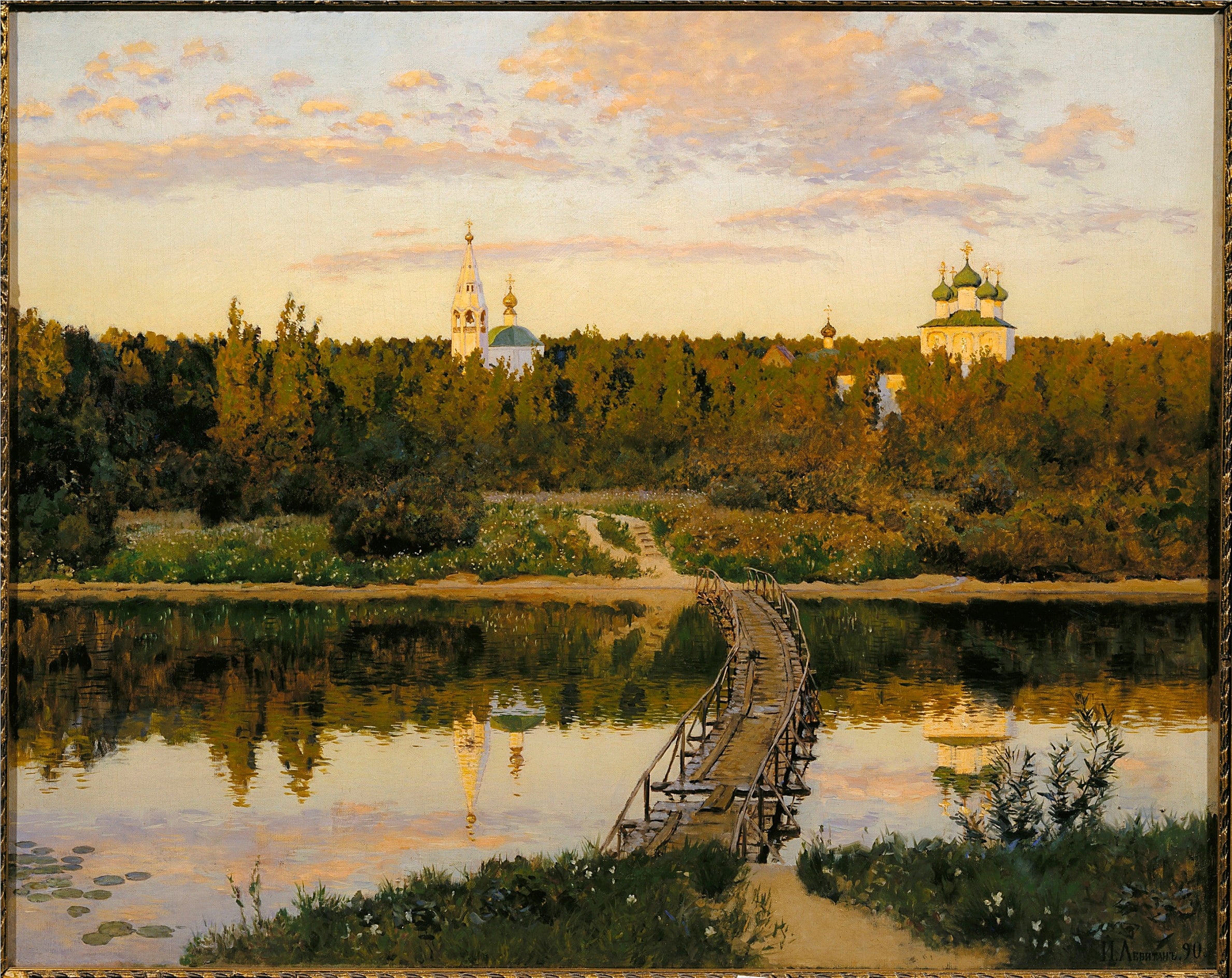 俄罗斯风景主题 - 未知名画作 - 湖畔木桥映俄罗斯风光 