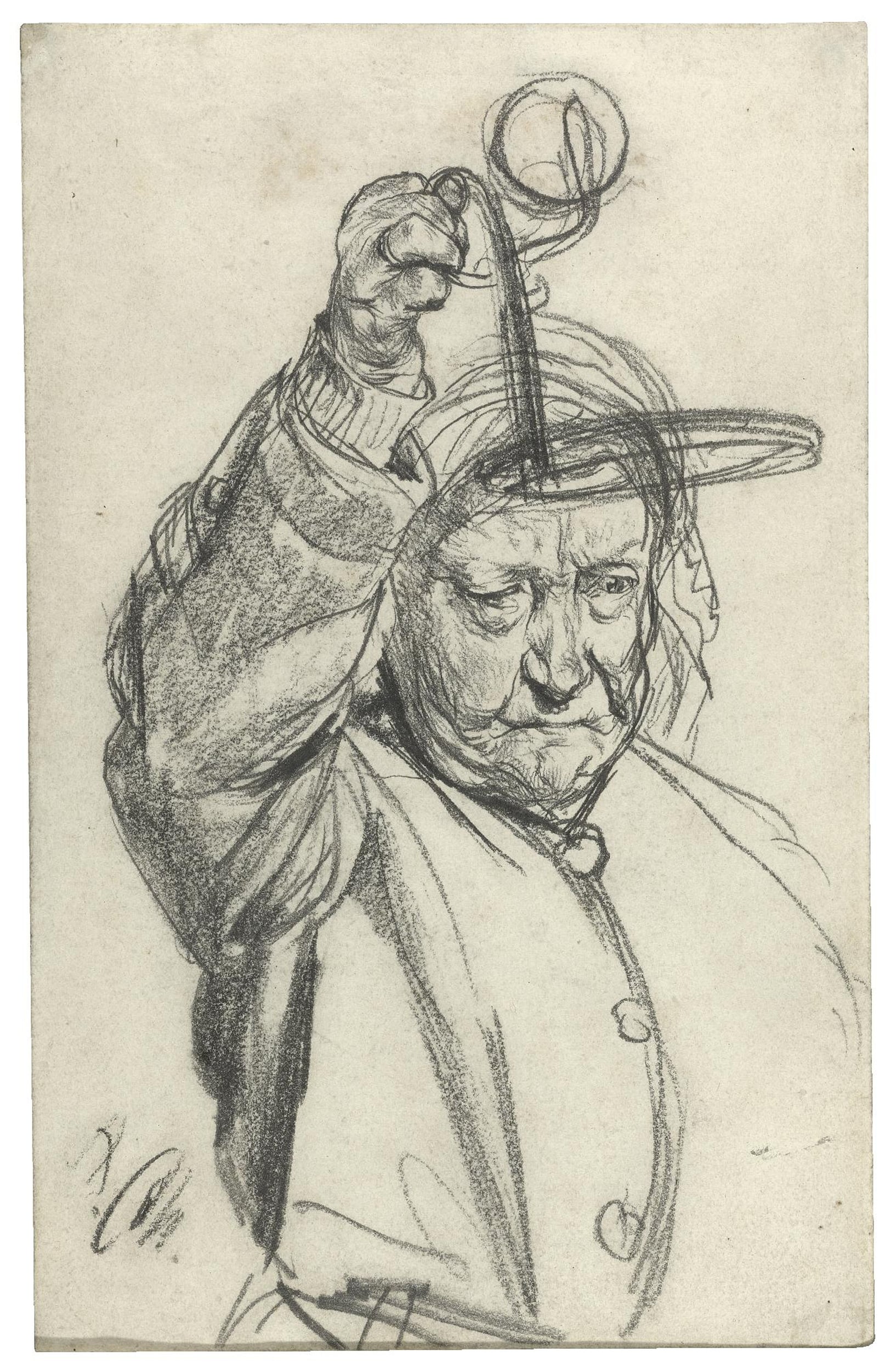 人物群像塑造主题 - 未命名 - 老人举手姿态的素描 