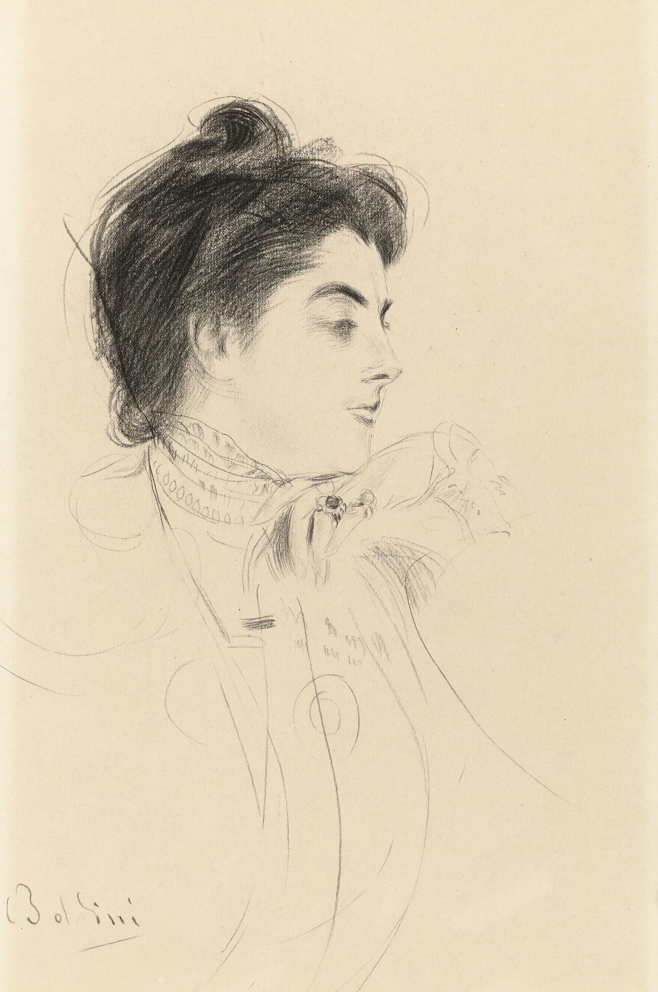 人物肖像刻画主题 - 女子侧面肖像 - 炭笔勾勒女子优雅侧颜 