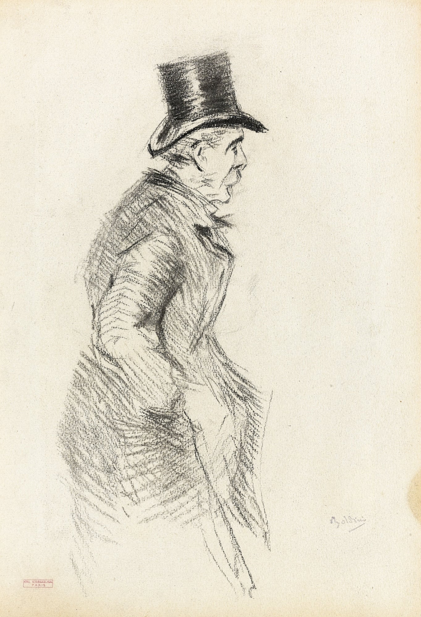 人物肖像刻画主题 - 戴高帽男子速写 - 勾勒男子戴帽侧身姿态 