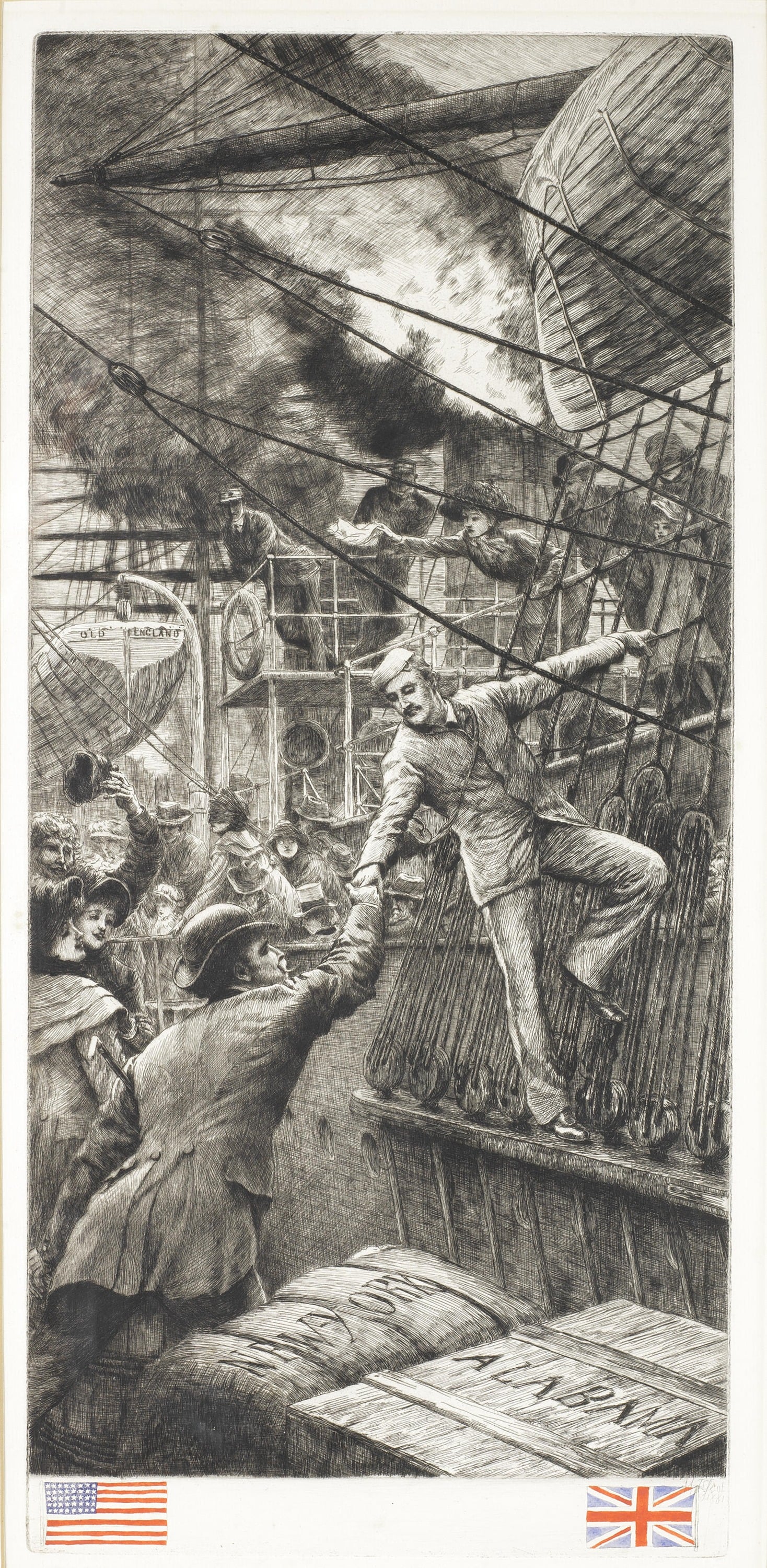 画面叙事性主题 - 未知名航海场景画 - 描绘登船瞬间人物互动 