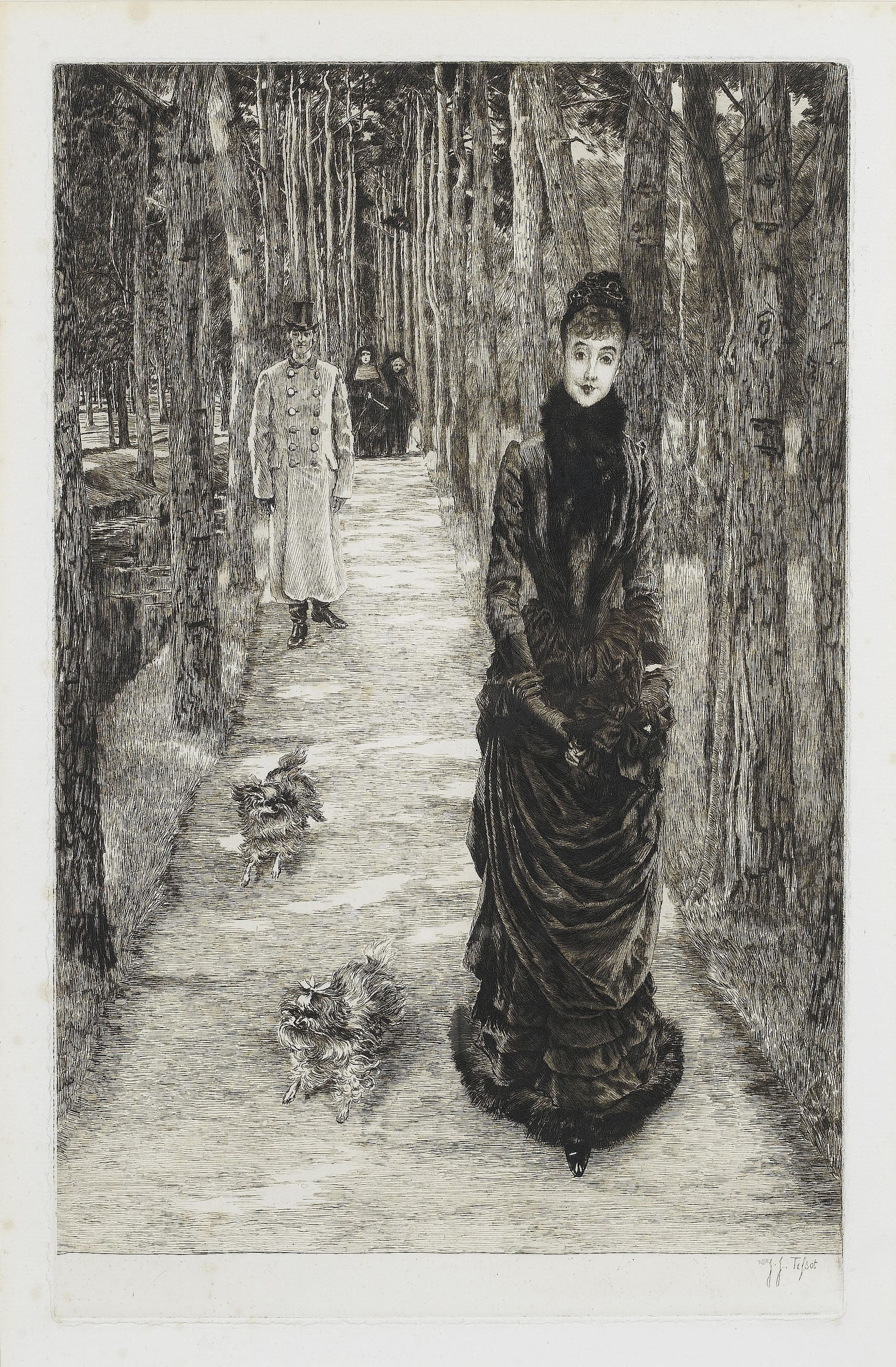 画面叙事性主题 - 林间漫步的优雅女士 - 女士林间漫步与众人景象