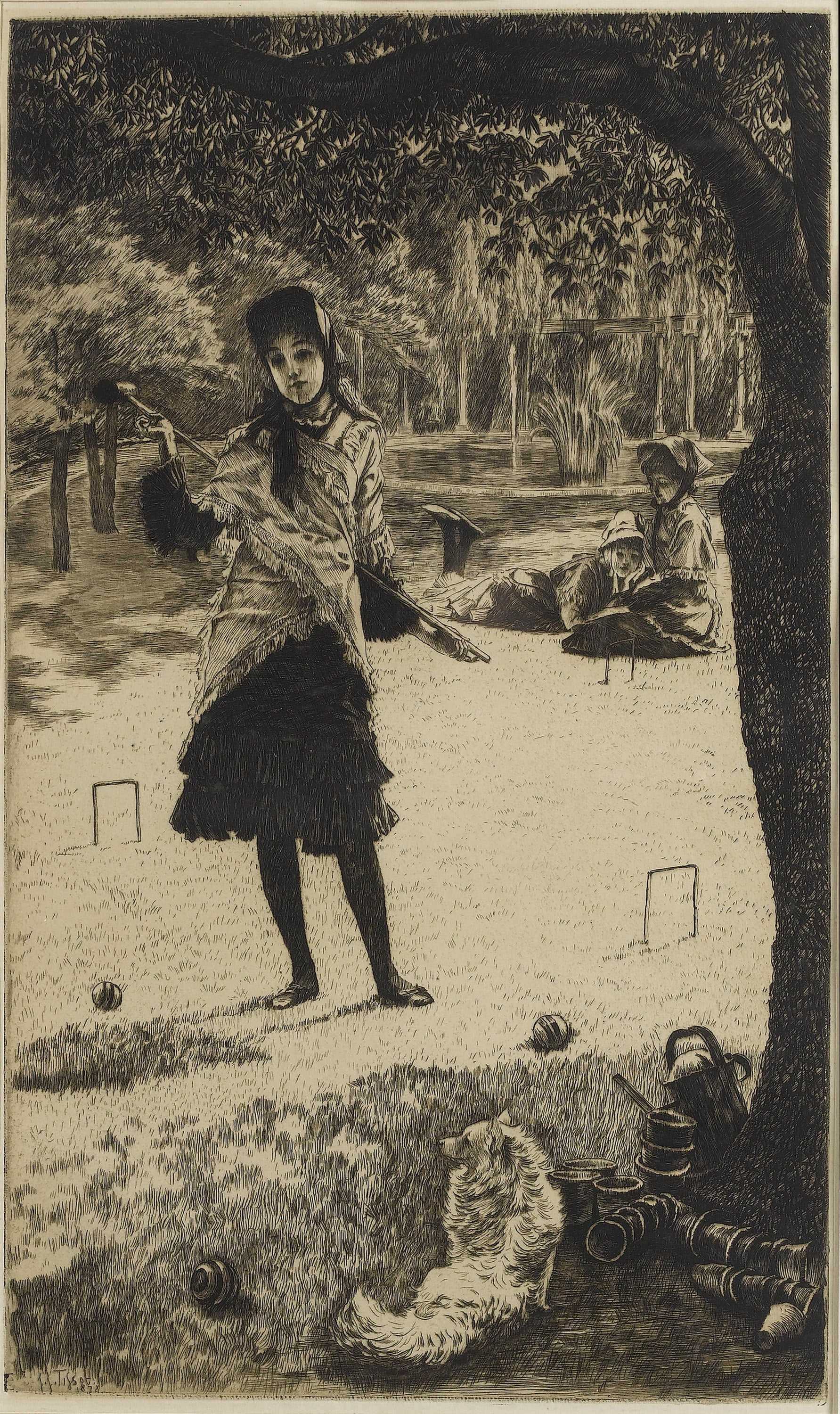 画面叙事性主题 - 女子草地玩球场景 - 女子草地持杆玩球景象 