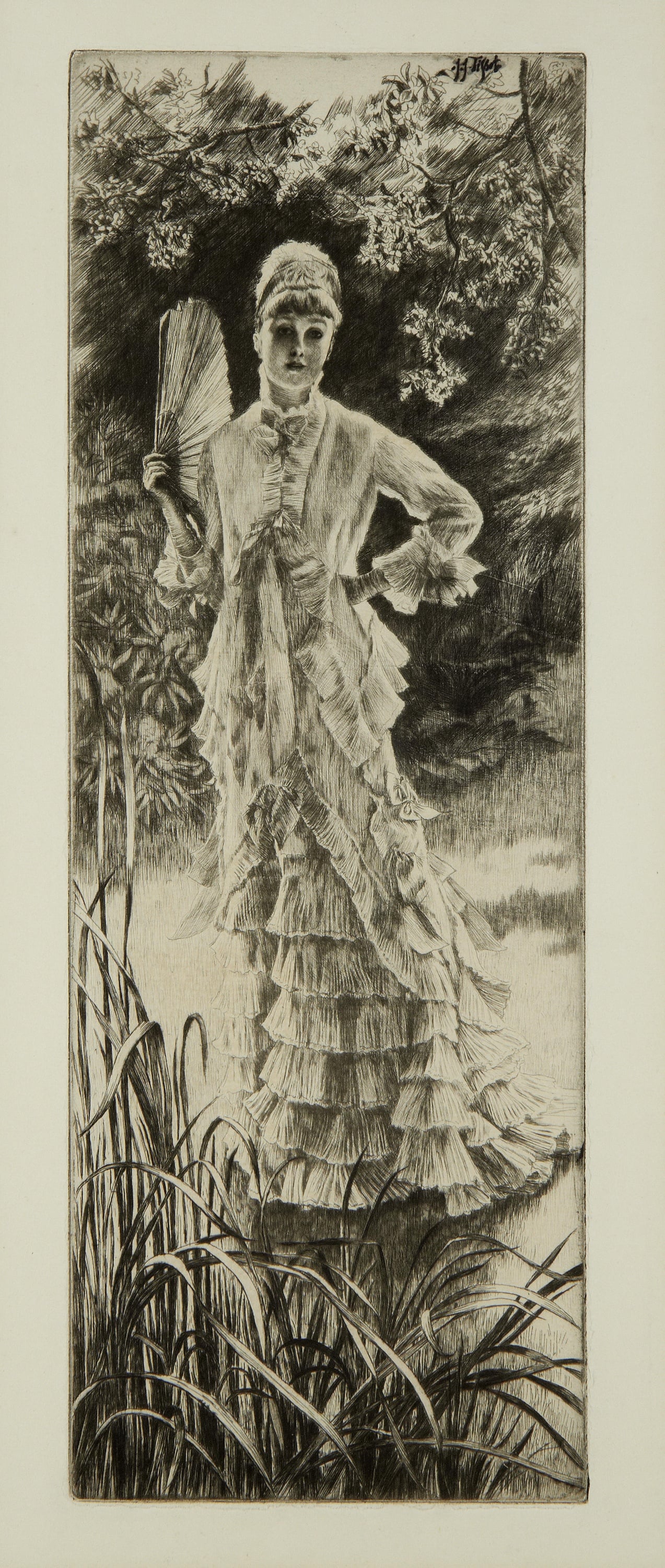 女性诗意形象主题 - 无具体名字 - 持扇女子立于花草之间 