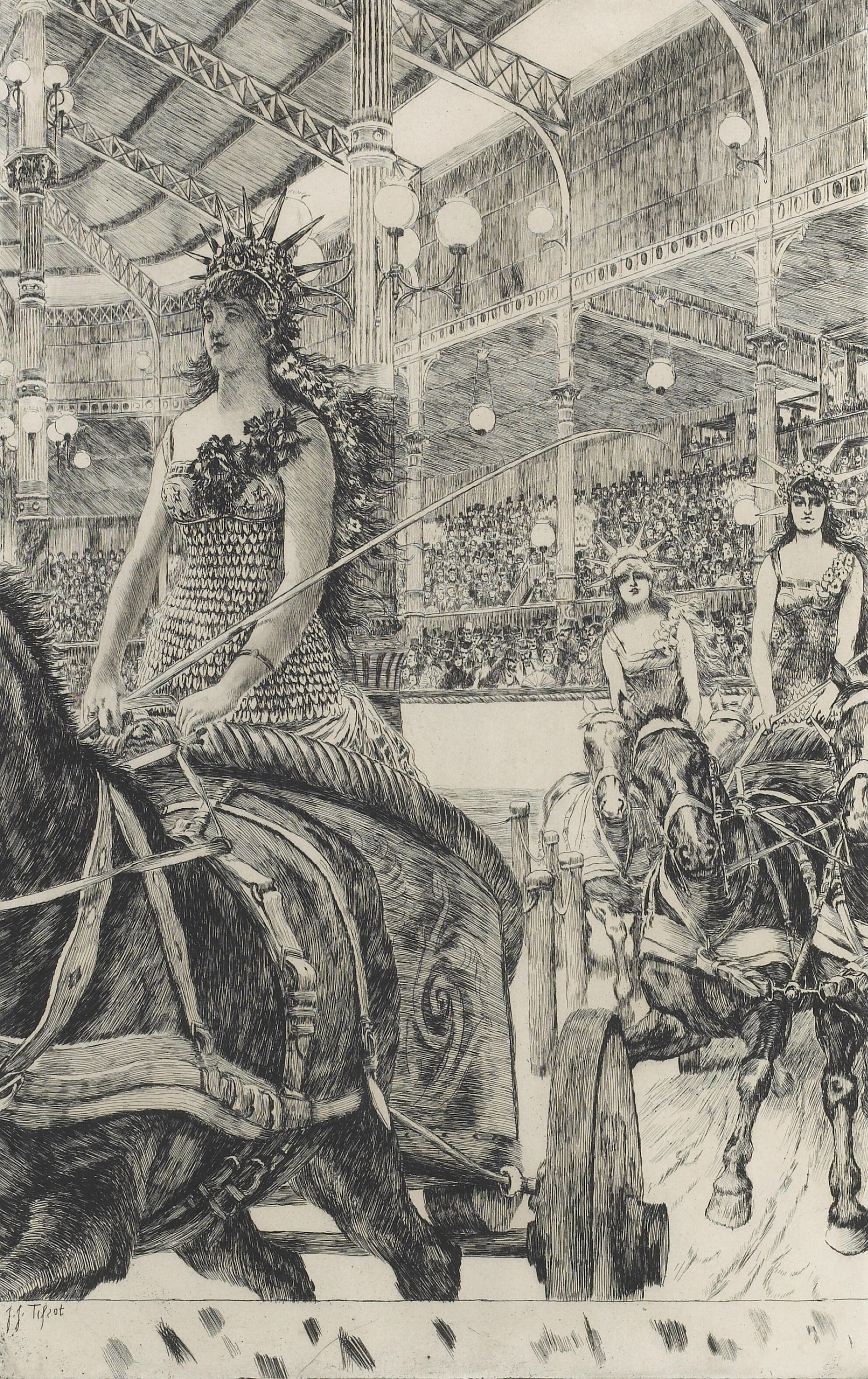 画面叙事性主题 - 马戏表演中的女骑手 - 描绘马戏女骑手表演场景 