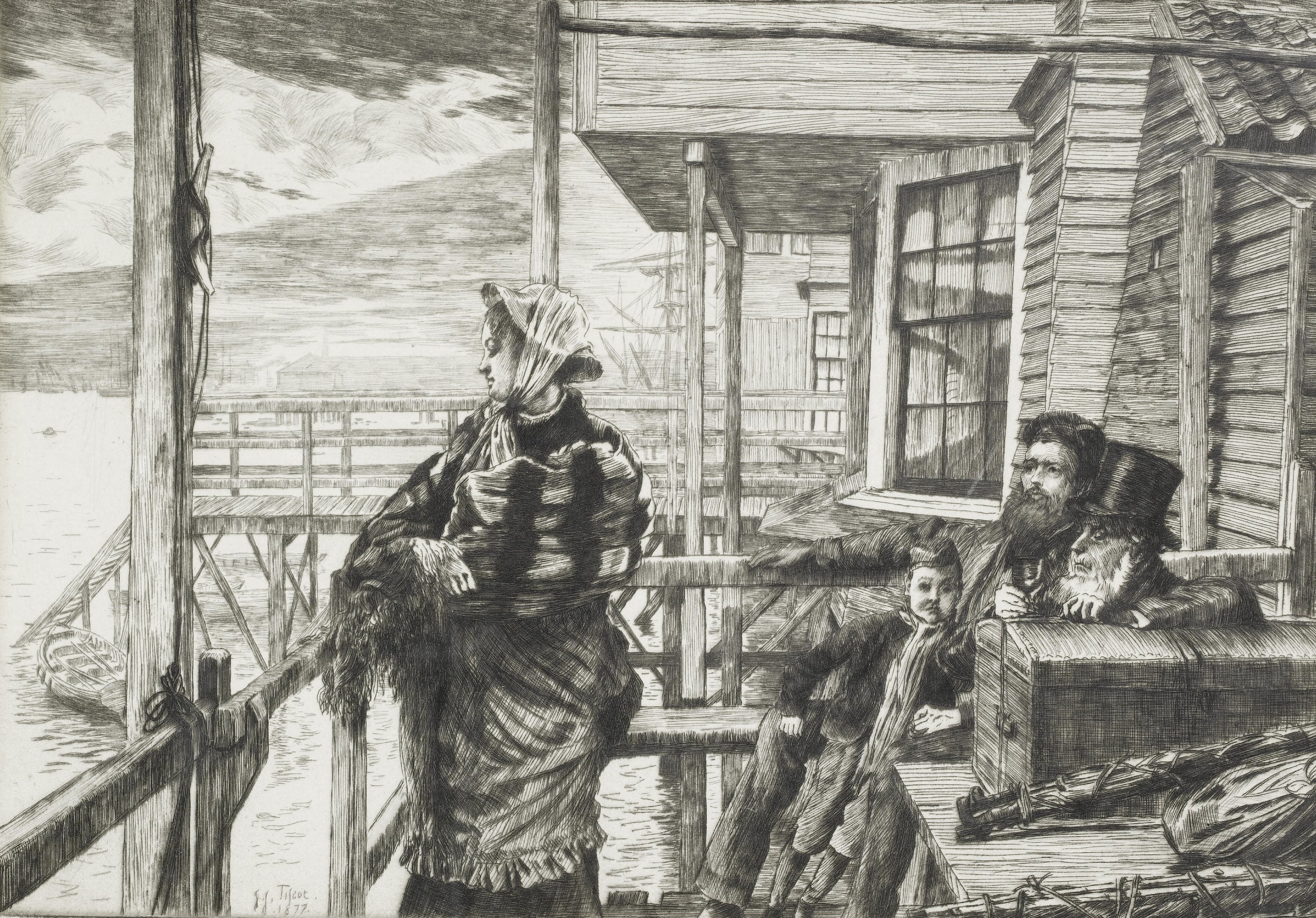 画面叙事性主题 - 未知名画作 - 展现人物于木质平台场景 