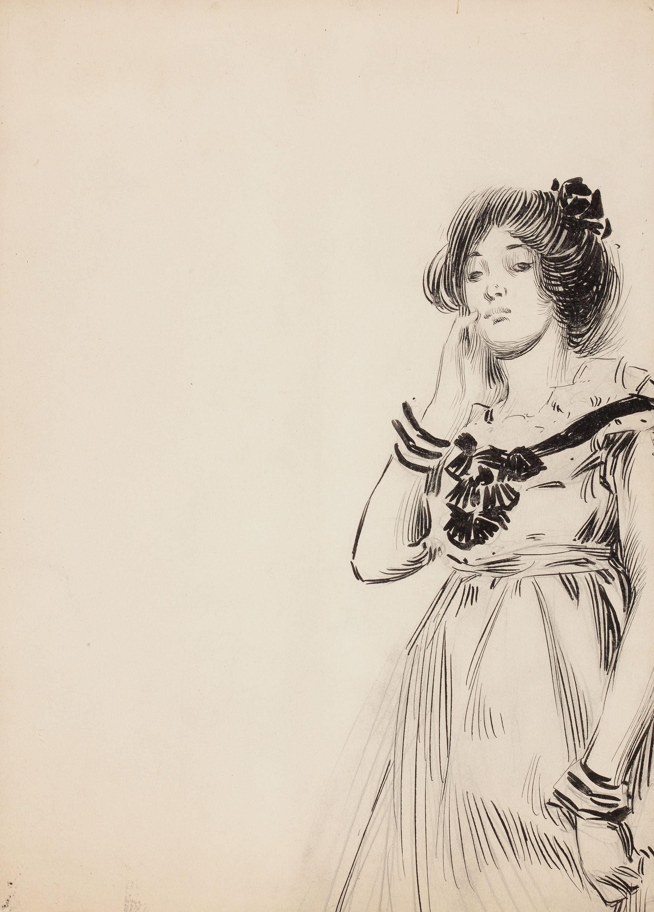 人物形象塑造主题 - 佚名女子肖像 - 女子优雅姿态线条勾勒 