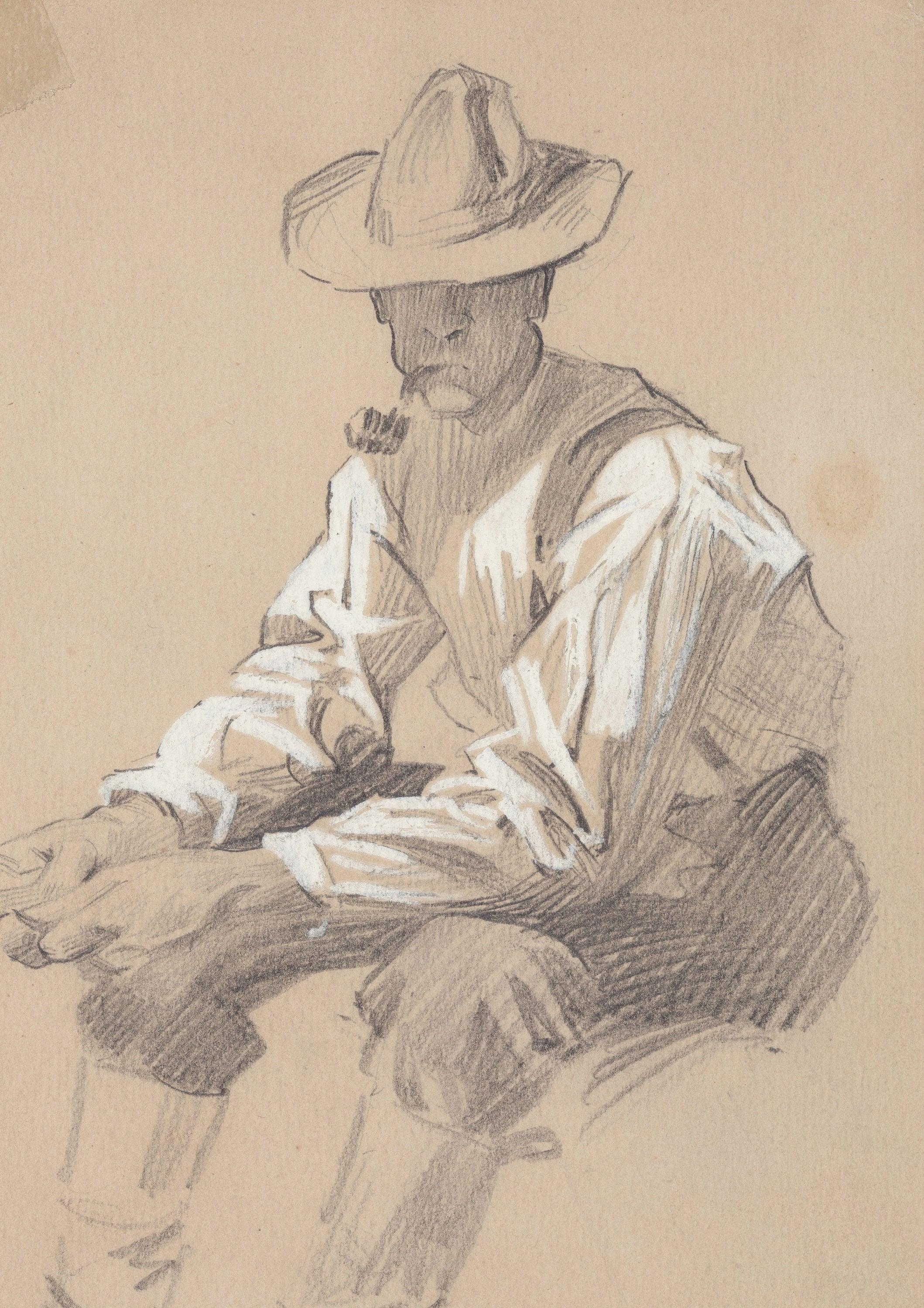 人物形象塑造主题 - 戴帽男子坐姿素描 - 展现男子坐姿神态素描 