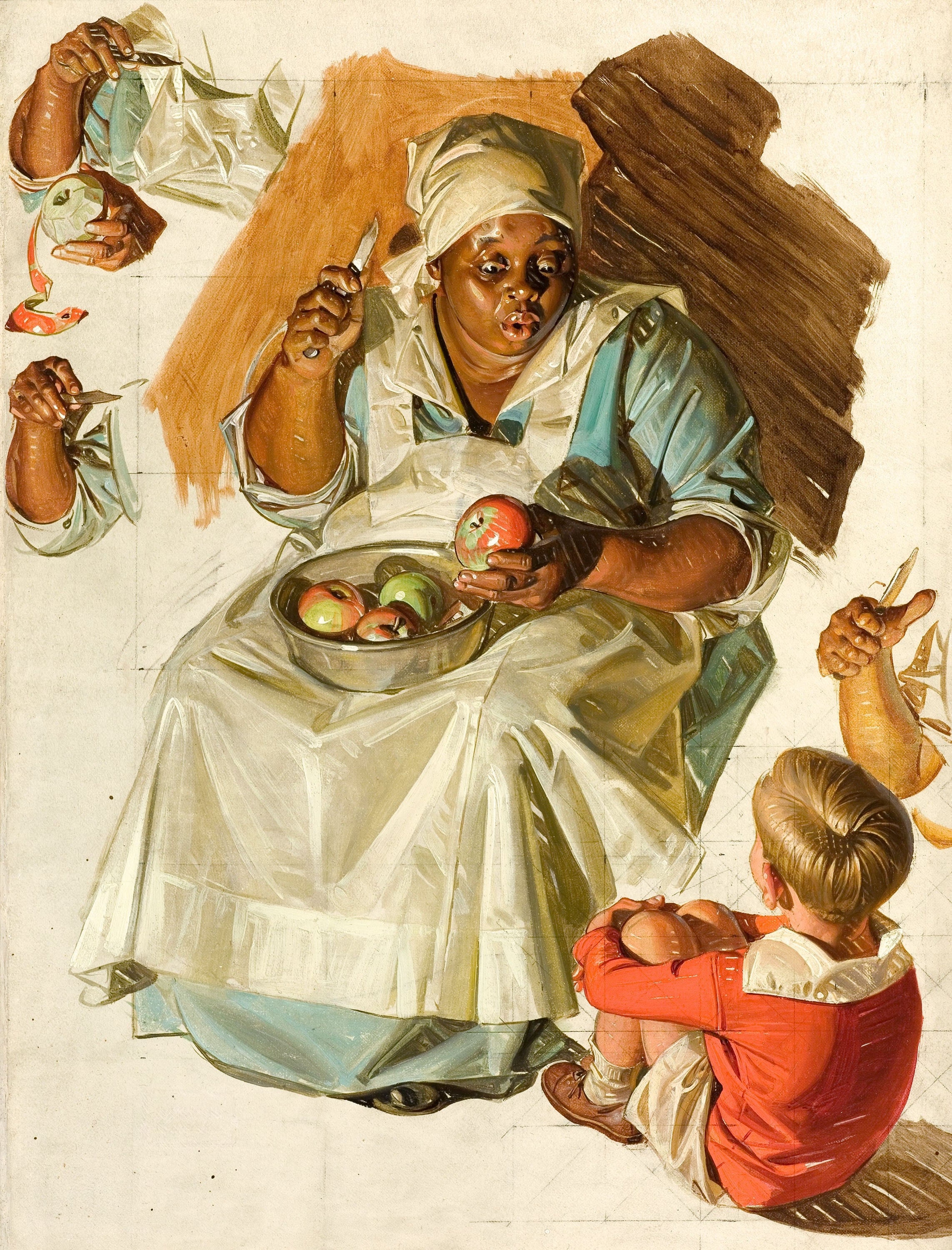 人物形象塑造主题 - 削苹果的女性与孩童 - 展现女性孩童温馨互动 