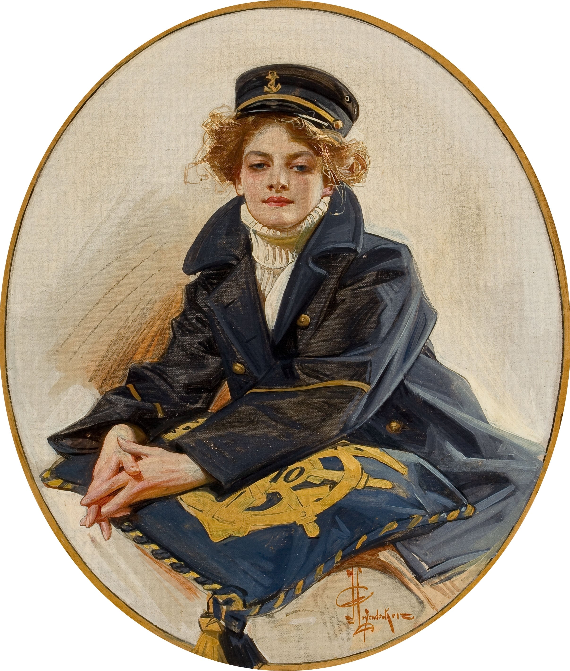 人物形象塑造主题 - 佚名女子水手装画像 - 绘女子着水手装优雅模样 