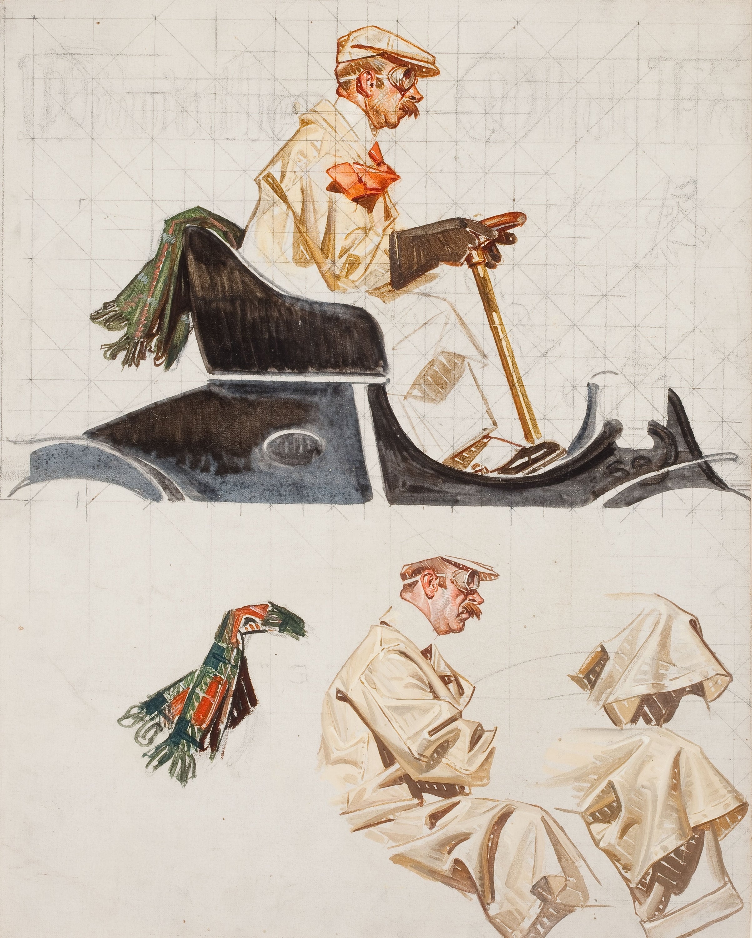 人物形象塑造主题 - 复古驾车男子画作 - 复古装扮男子驾车姿态 