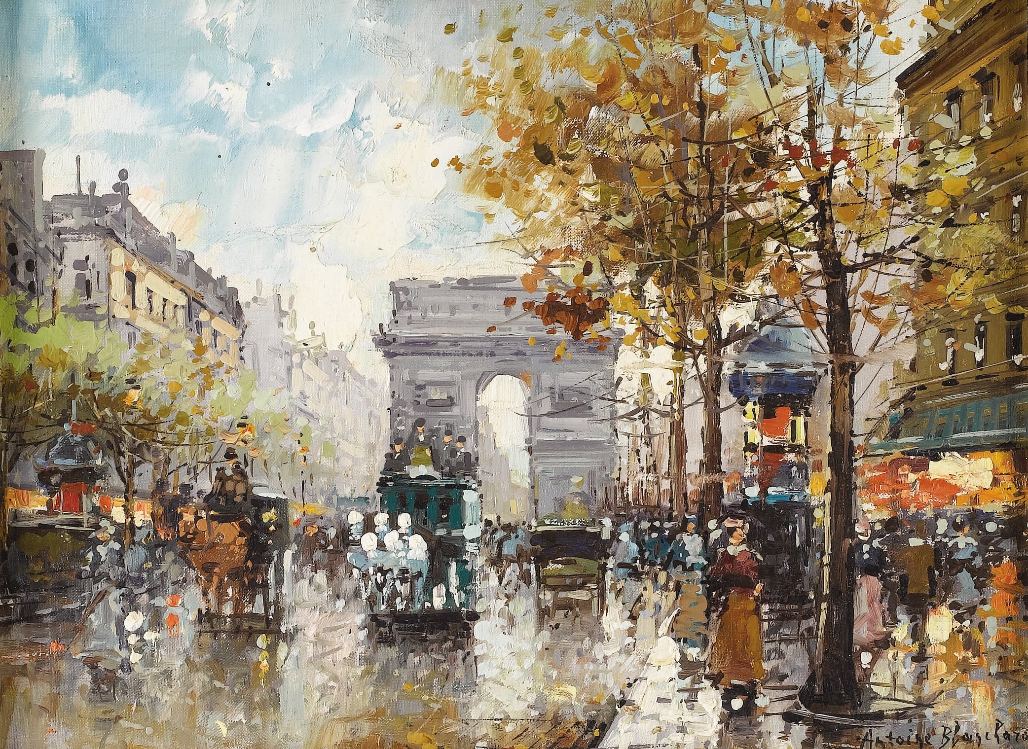 社会风俗场景主题 - 未知名城市街景画 - 展现城市热闹街道景象 