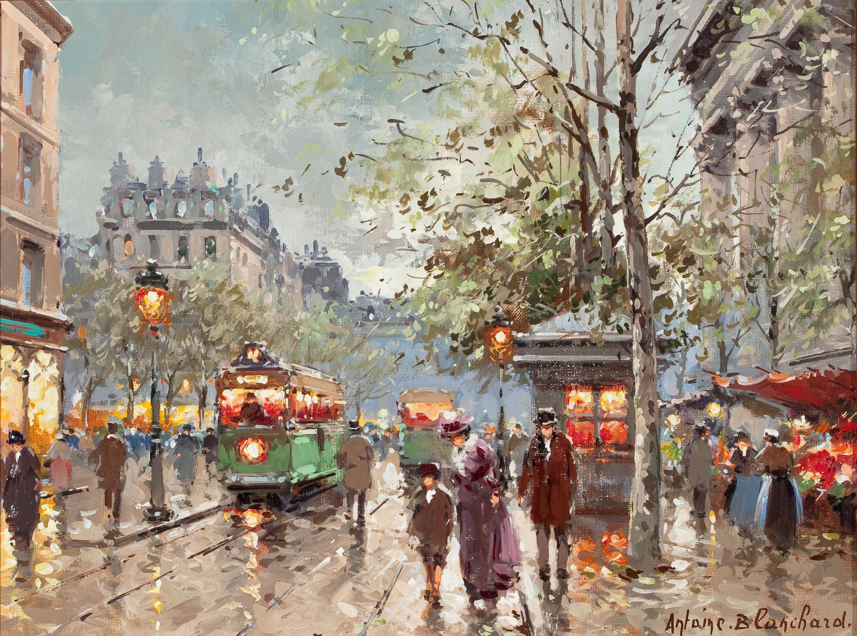 社会风俗场景主题 - 街头电车风景 - 描绘街头电车行人景象 