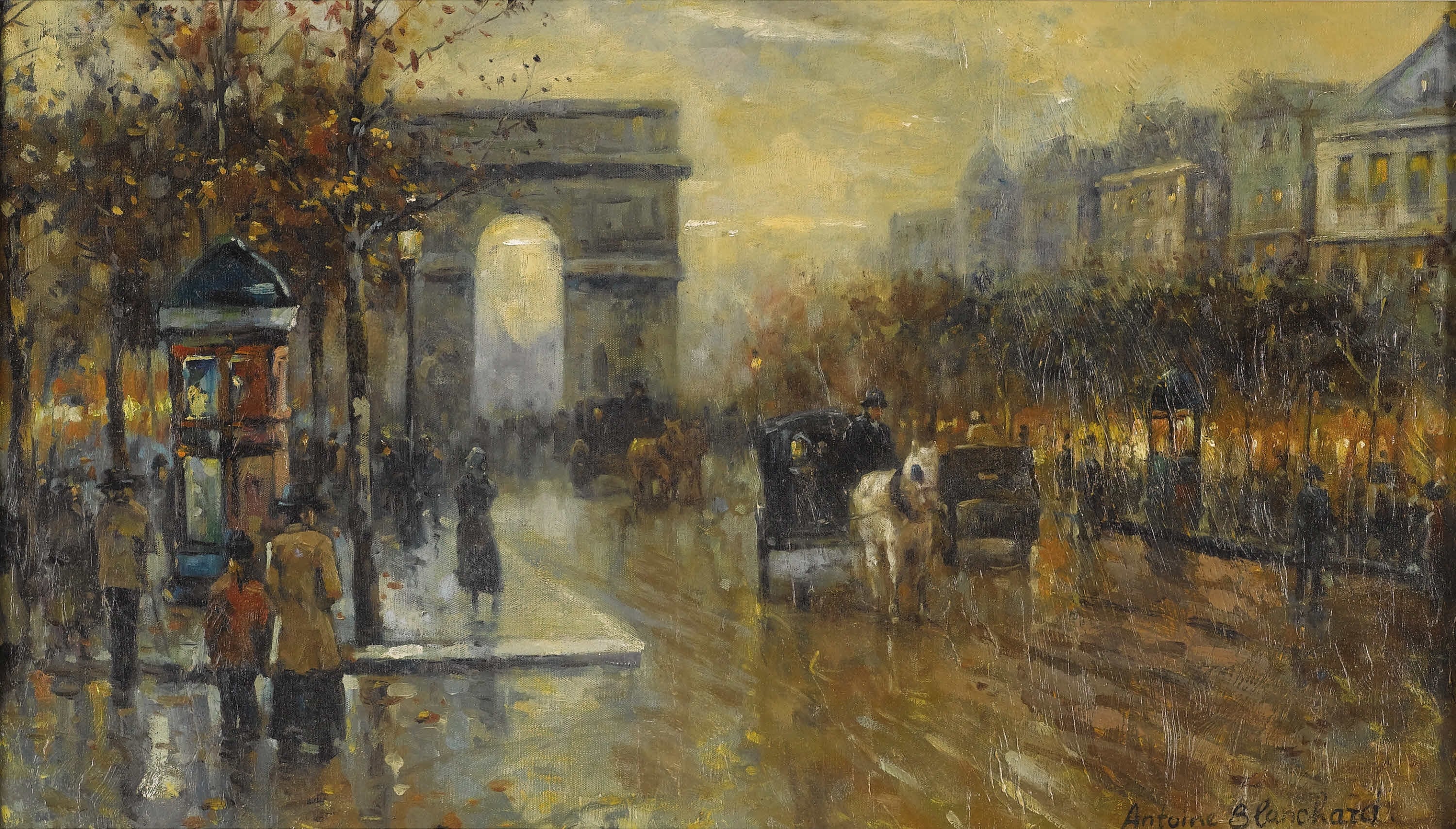 社会风俗场景主题 - 雨中的凯旋门街道 - 描绘雨中凯旋门街道景象 