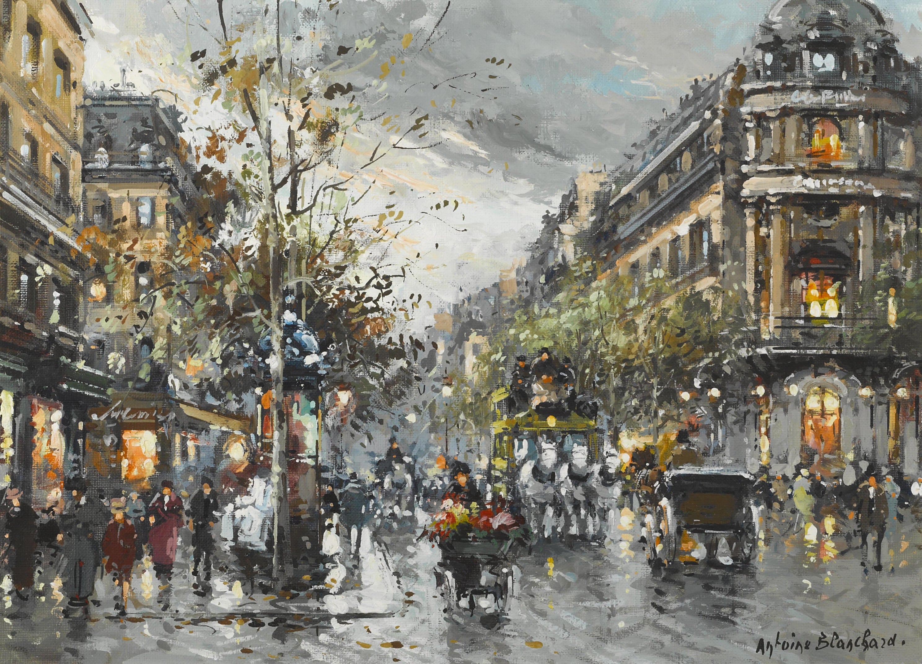 社会风俗场景主题 - 未知名城市街景画 - 描绘城市街道热闹景象 