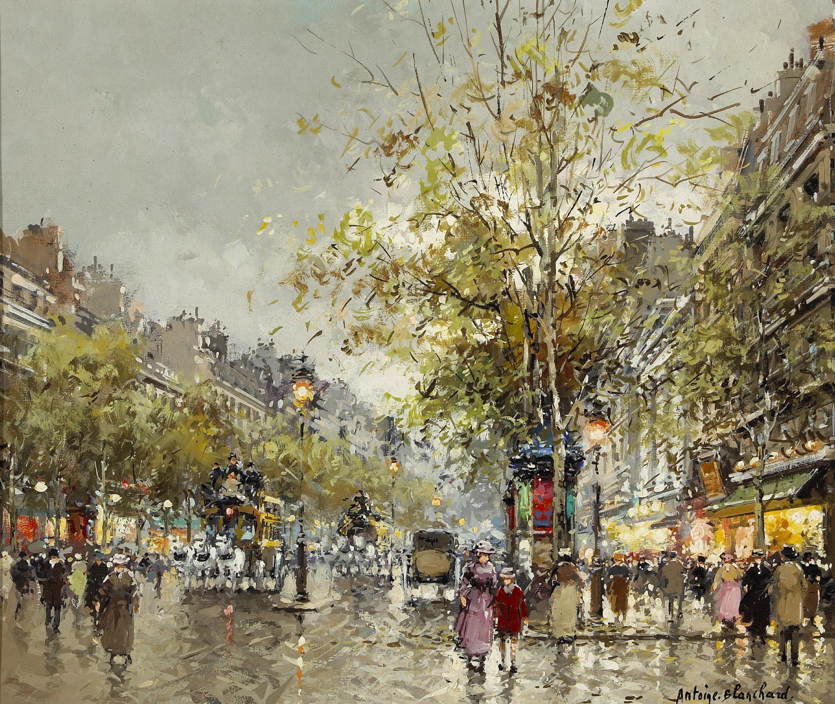 社会风俗场景主题 - 巴黎街头雨天景象 - 描绘巴黎街头雨天风情 