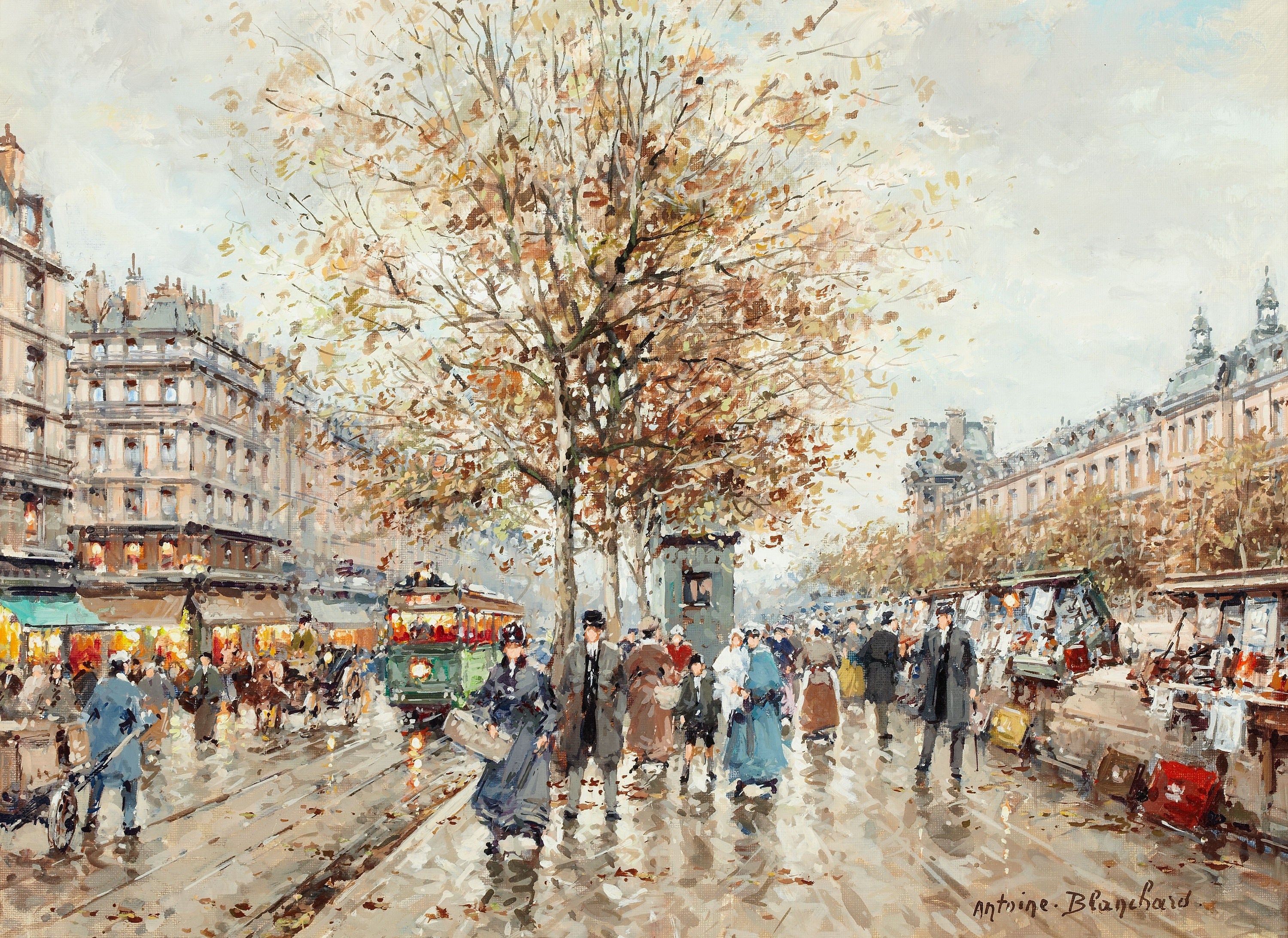 社会风俗场景主题 - 秋日街头繁华景象 - 秋日街头行人车辆与店铺 